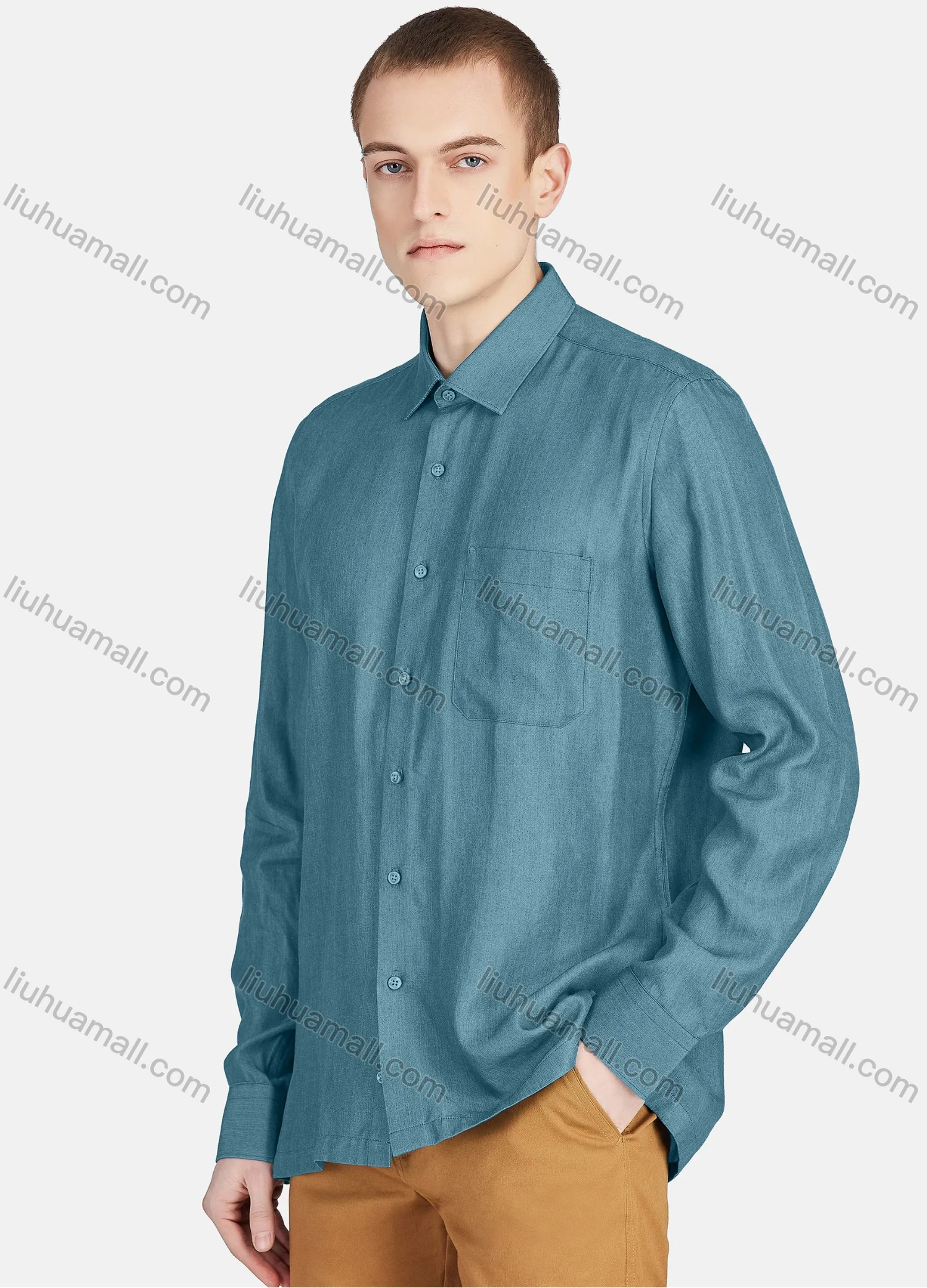 Wholesale Men's Casual Slim Fit Long Sleeve Patch Pocket Button Down Plain Shirt T024-2# - Liuhuamall