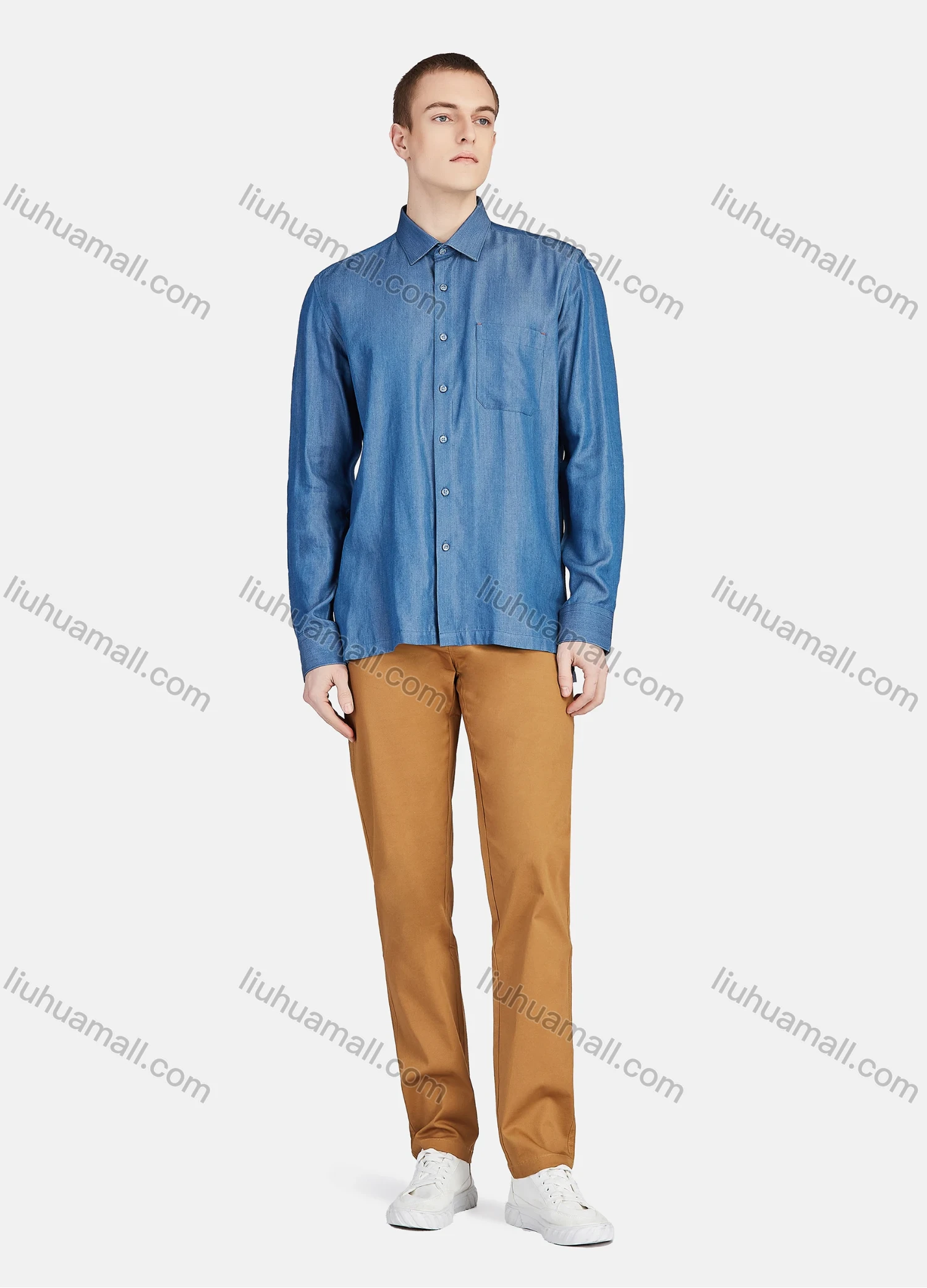 Wholesale Men's Casual Slim Fit Long Sleeve Patch Pocket Button Down Plain Shirt T024-2# - Liuhuamall