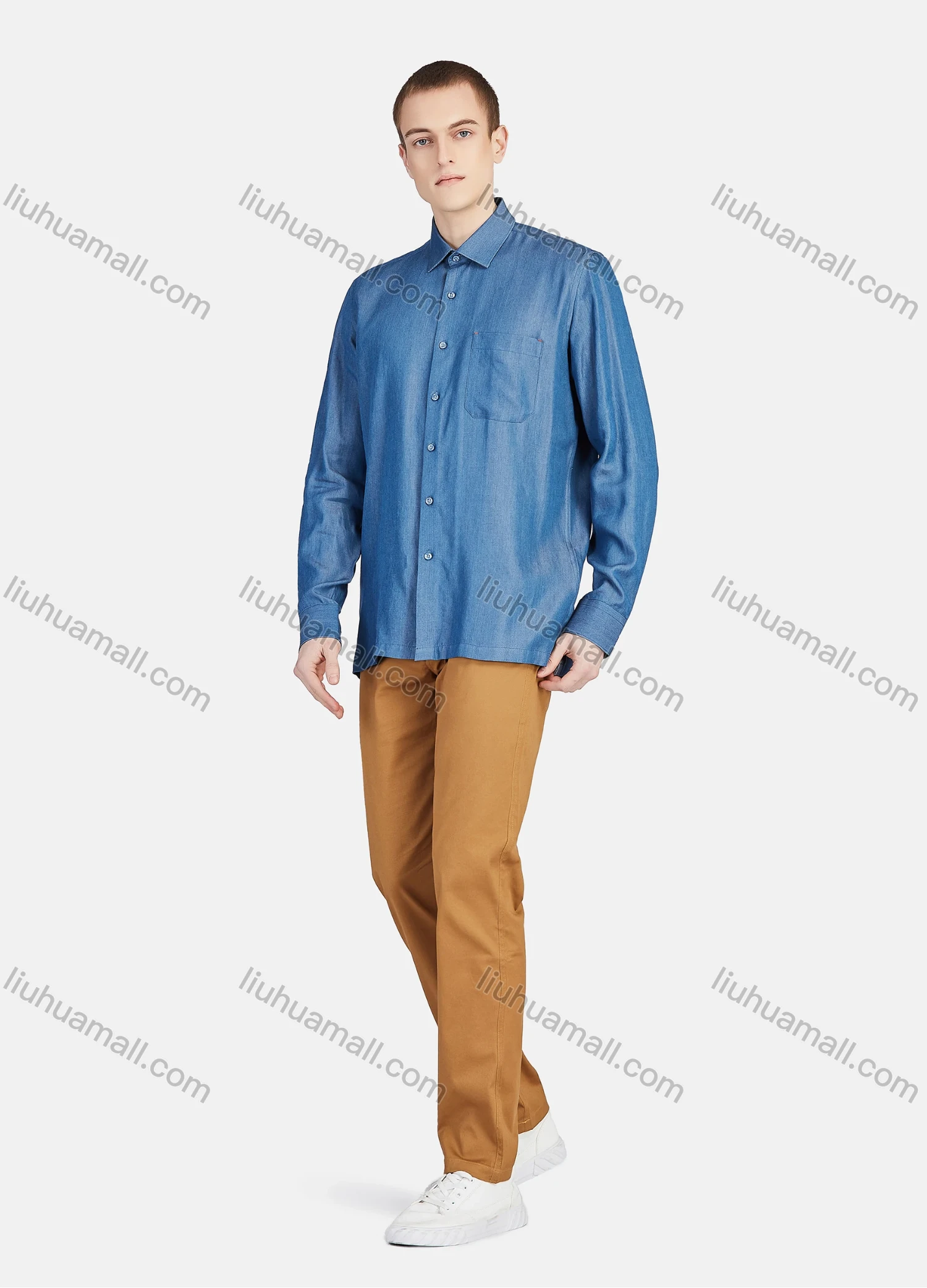 Wholesale Men's Casual Slim Fit Long Sleeve Patch Pocket Button Down Plain Shirt T024-2# - Liuhuamall