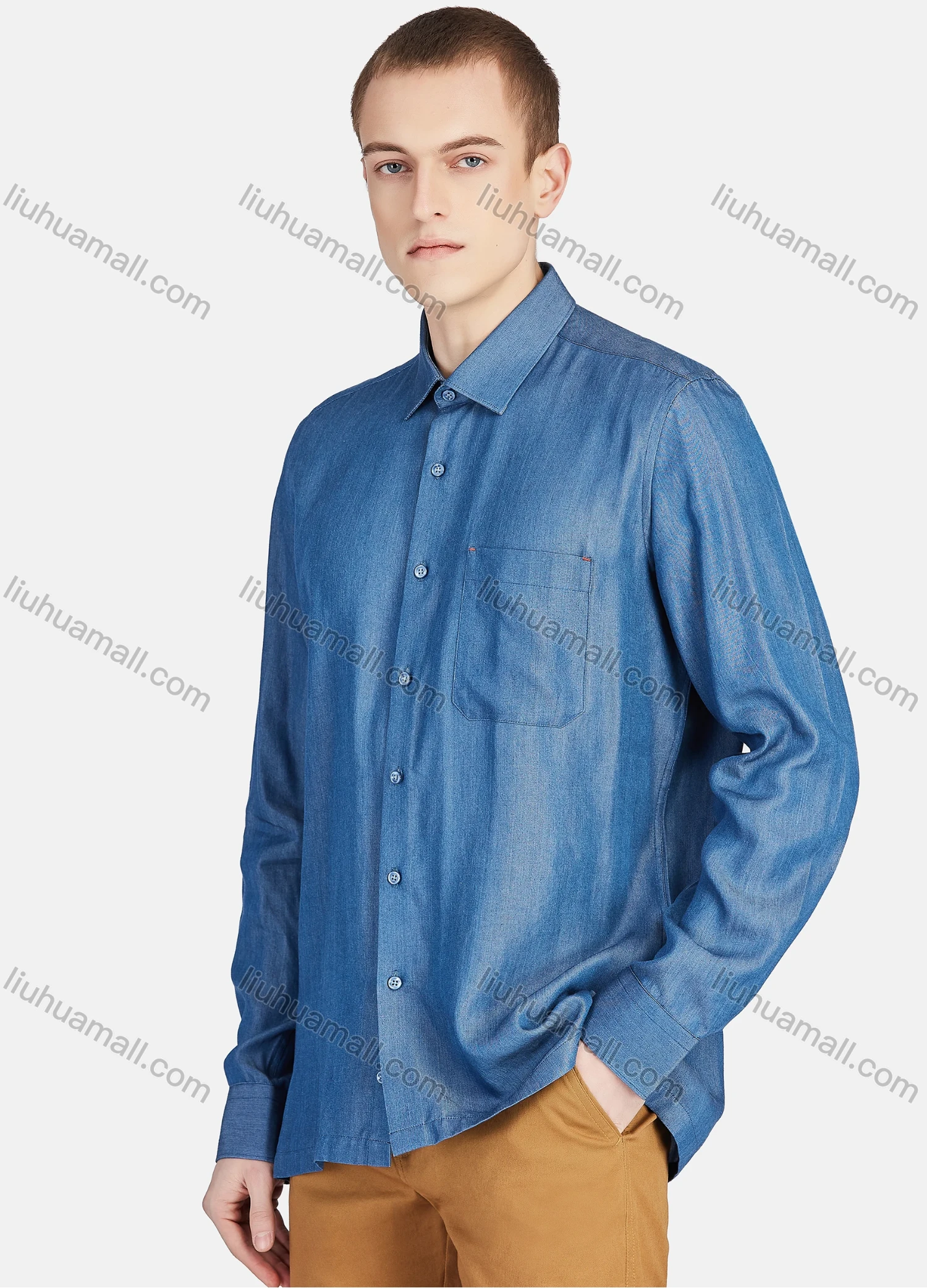 Wholesale Men's Casual Slim Fit Long Sleeve Patch Pocket Button Down Plain Shirt T024-2# - Liuhuamall