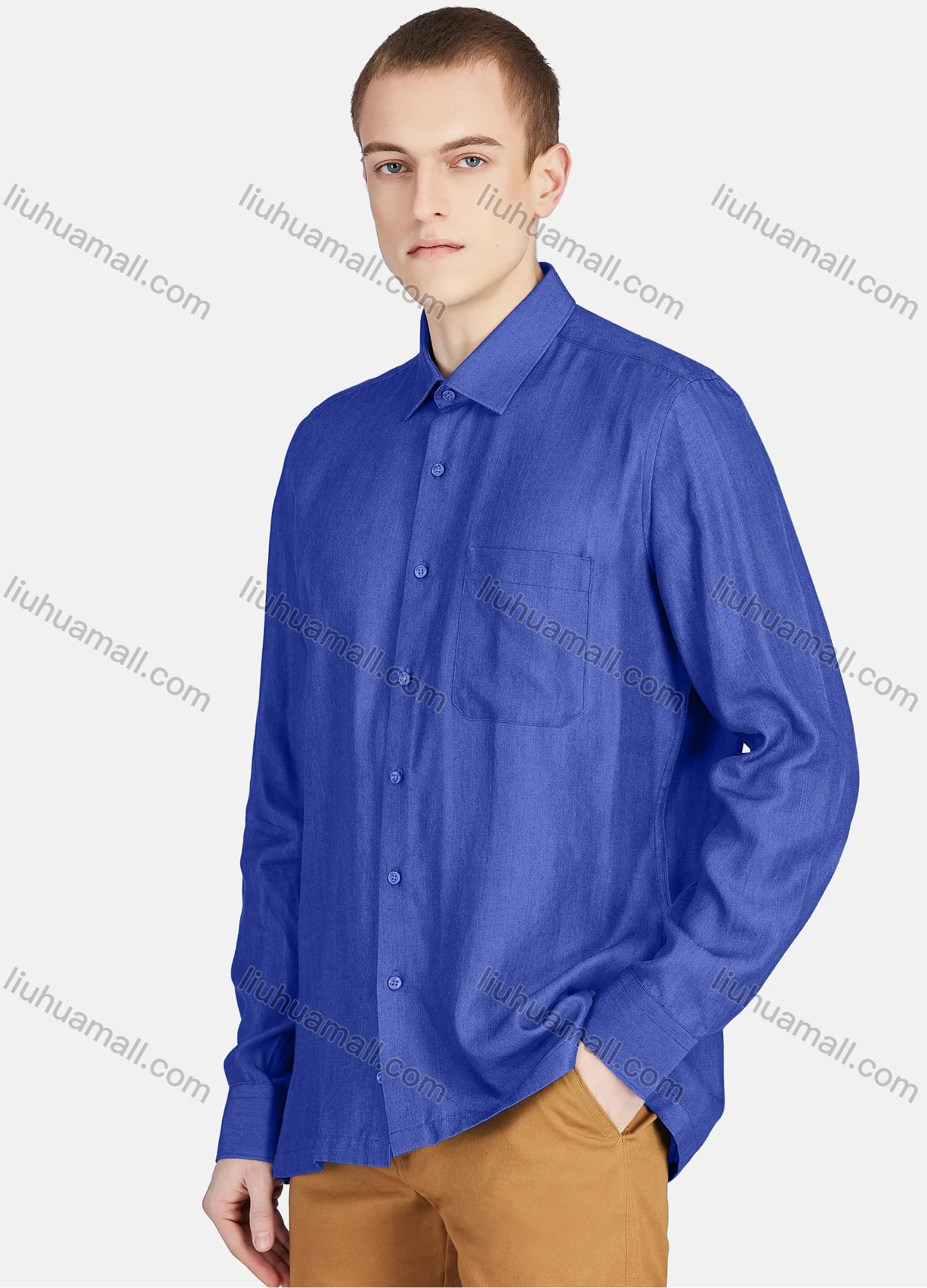 Wholesale Men's Casual Slim Fit Long Sleeve Patch Pocket Button Down Plain Shirt T024-2# - Liuhuamall