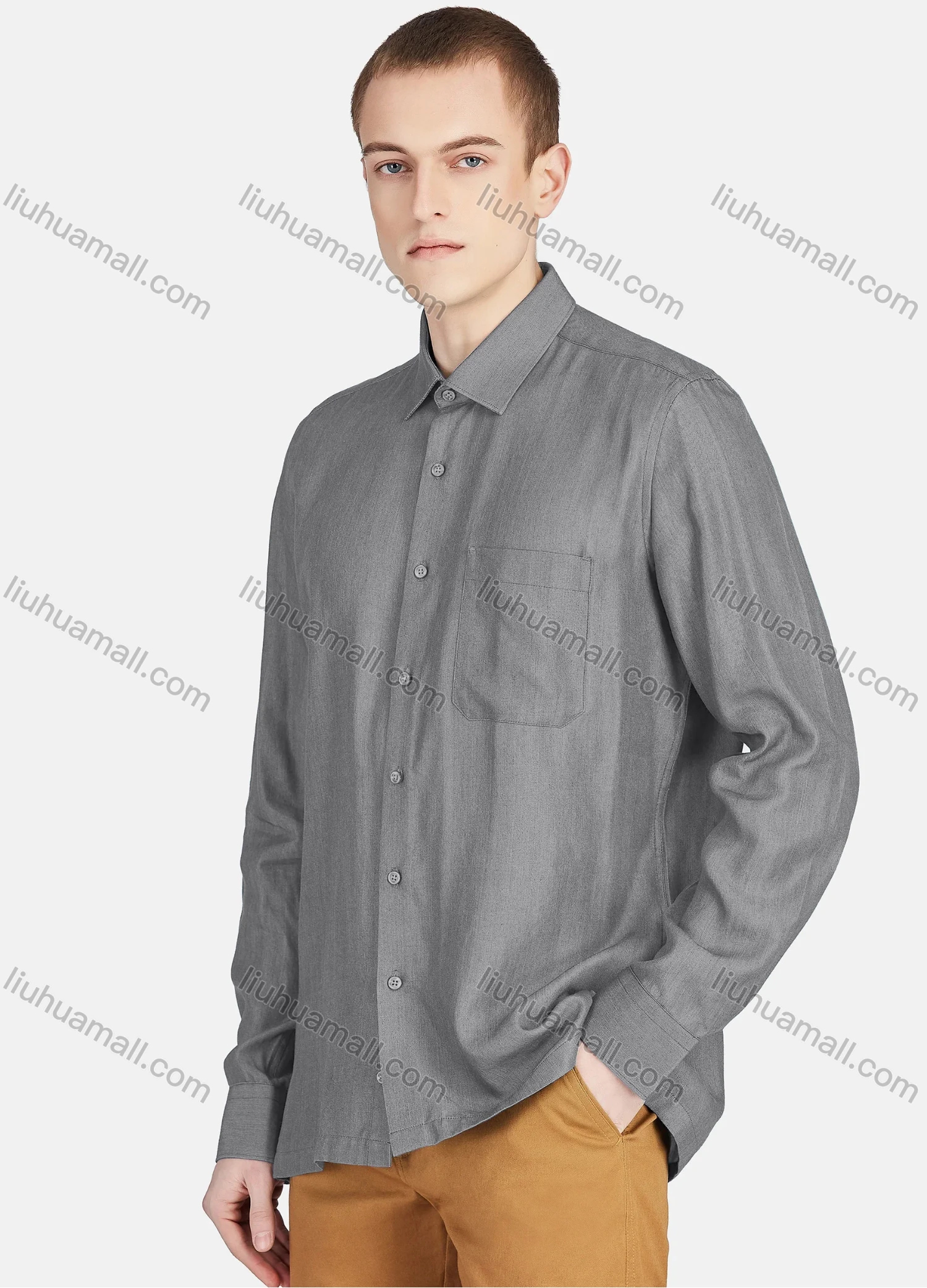 Wholesale Men's Casual Slim Fit Long Sleeve Patch Pocket Button Down Plain Shirt T024-2# - Liuhuamall