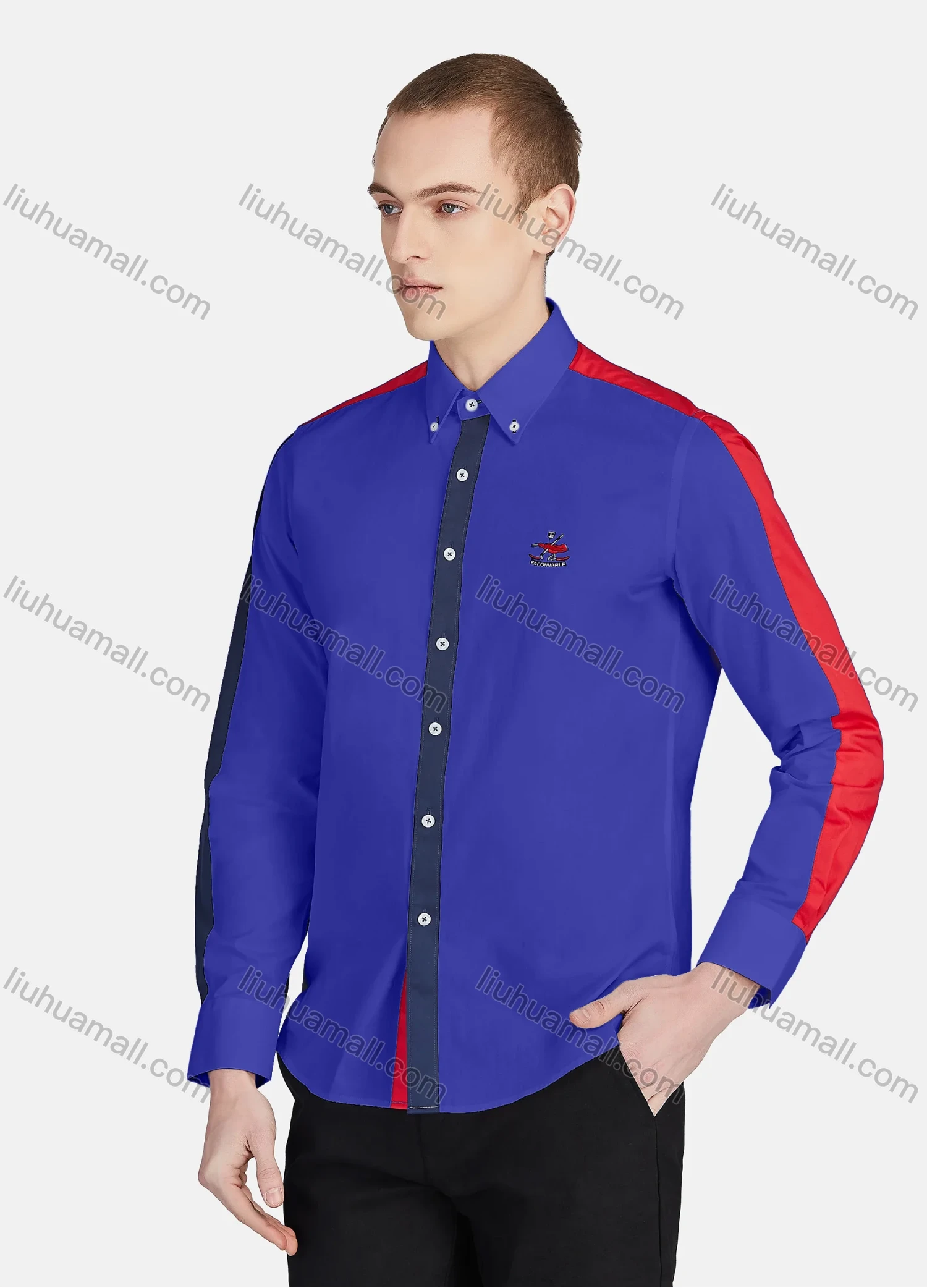Wholesale Men's Casual Collared Long Sleeve Button Down Contrast Splicing Shirt P001-1# - Liuhuamall