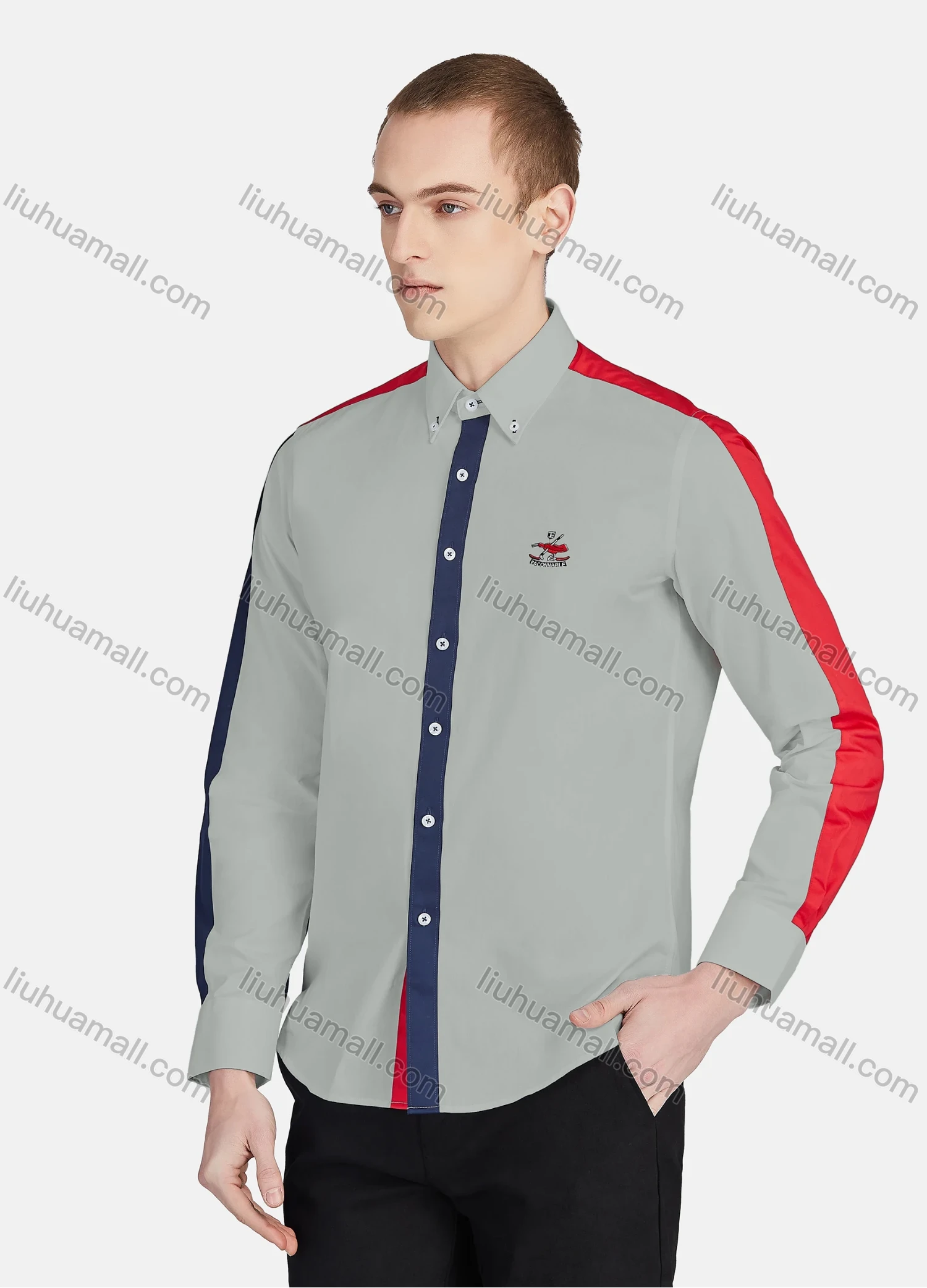 Wholesale Men's Casual Collared Long Sleeve Button Down Contrast Splicing Shirt P001-1# - Liuhuamall