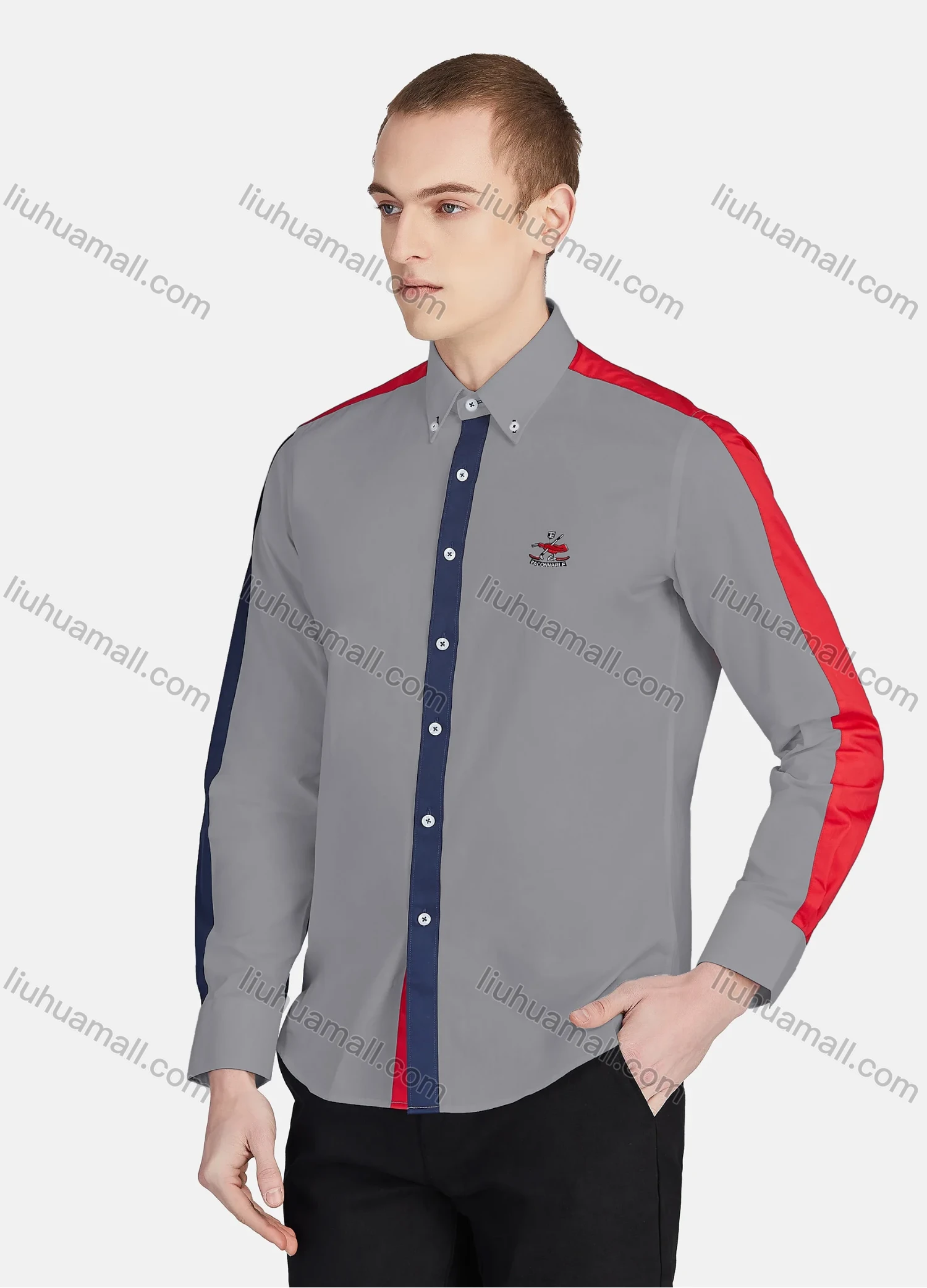 Wholesale Men's Casual Collared Long Sleeve Button Down Contrast Splicing Shirt P001-1# - Liuhuamall