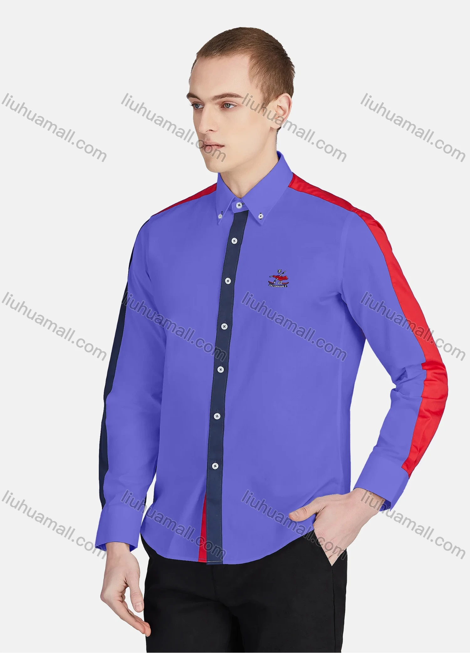 Wholesale Men's Casual Collared Long Sleeve Button Down Contrast Splicing Shirt P001-1# - Liuhuamall