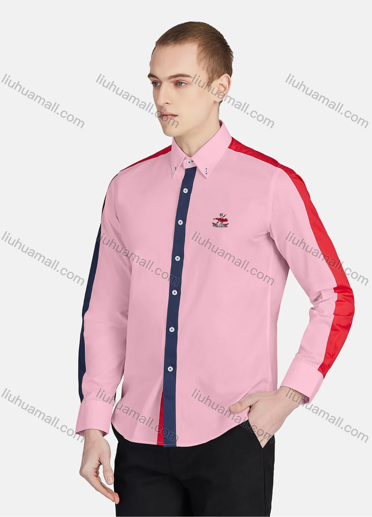 Wholesale Men's Casual Collared Long Sleeve Button Down Contrast Splicing Shirt P001-1# - Liuhuamall