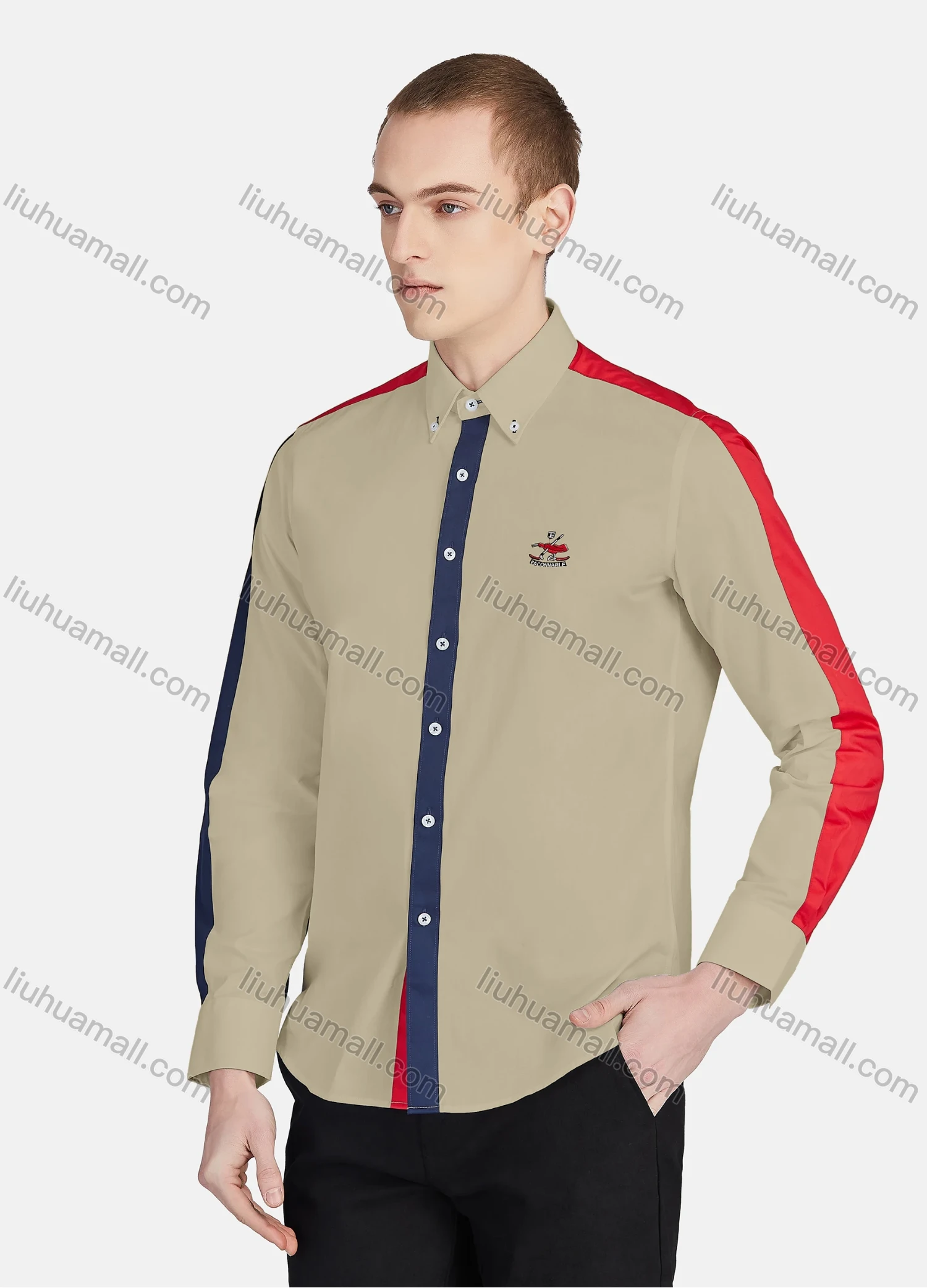 Wholesale Men's Casual Collared Long Sleeve Button Down Contrast Splicing Shirt P001-1# - Liuhuamall