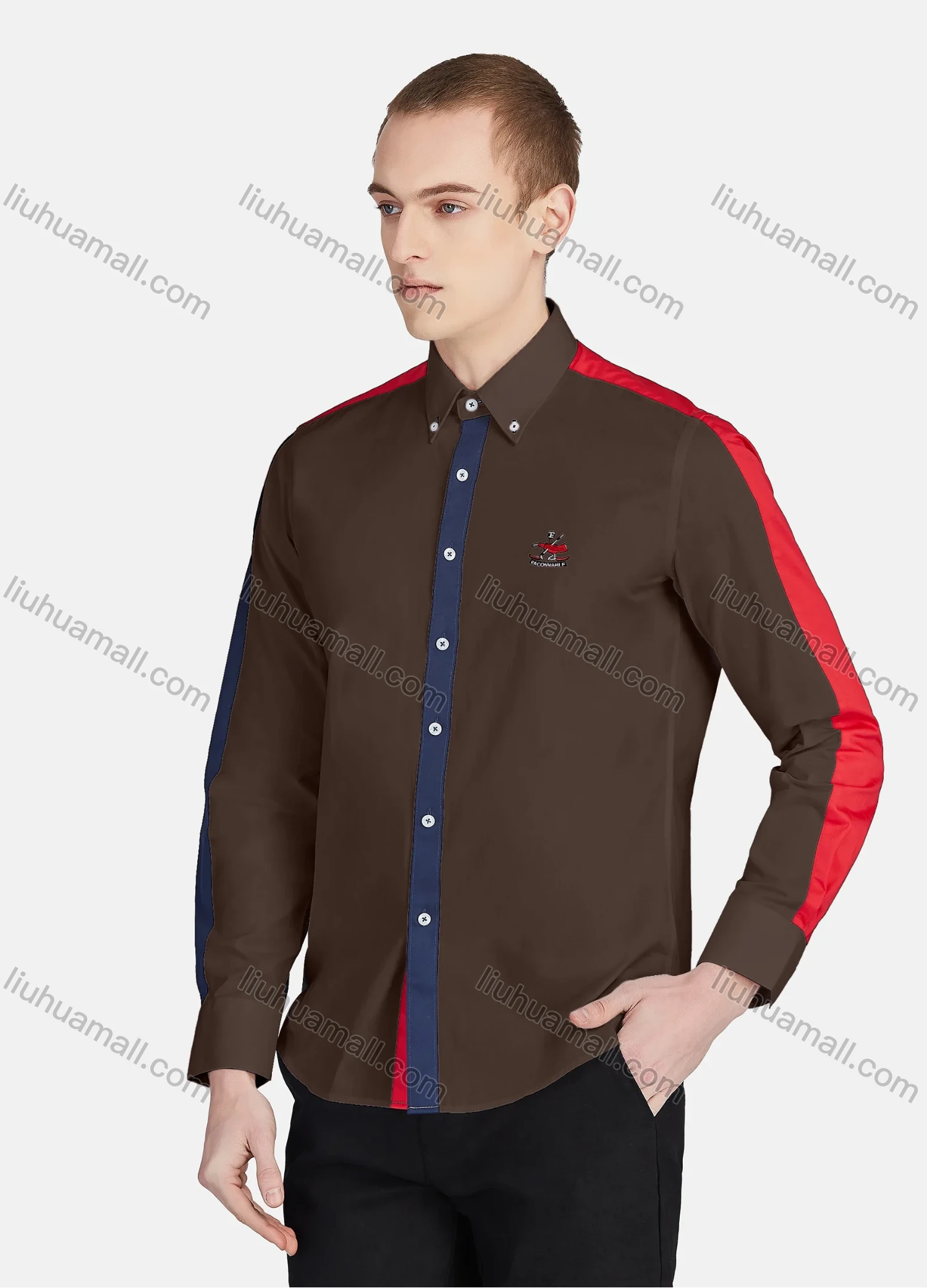 Wholesale Men's Casual Collared Long Sleeve Button Down Contrast Splicing Shirt P001-1# - Liuhuamall