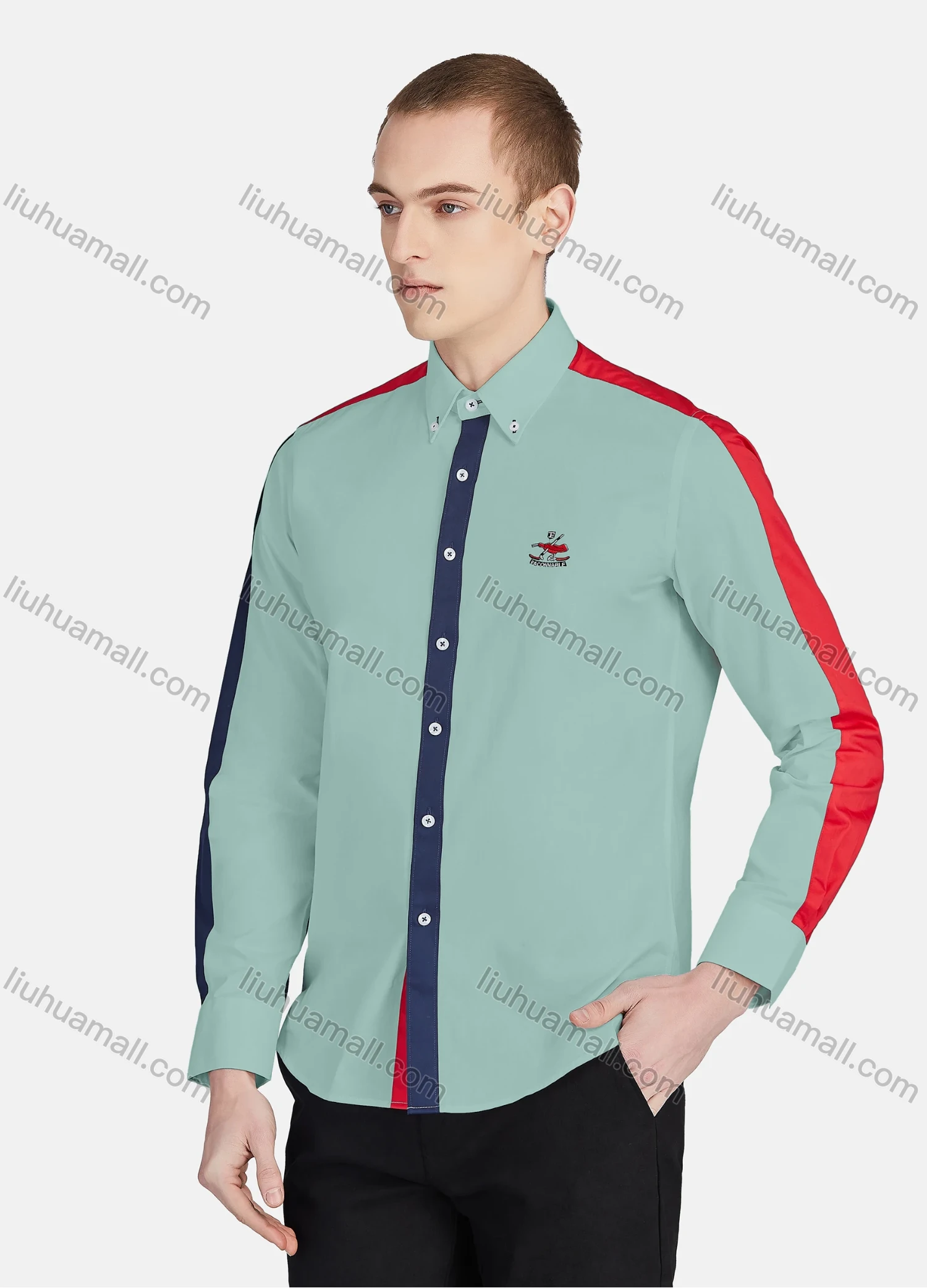 Wholesale Men's Casual Collared Long Sleeve Button Down Contrast Splicing Shirt P001-1# - Liuhuamall