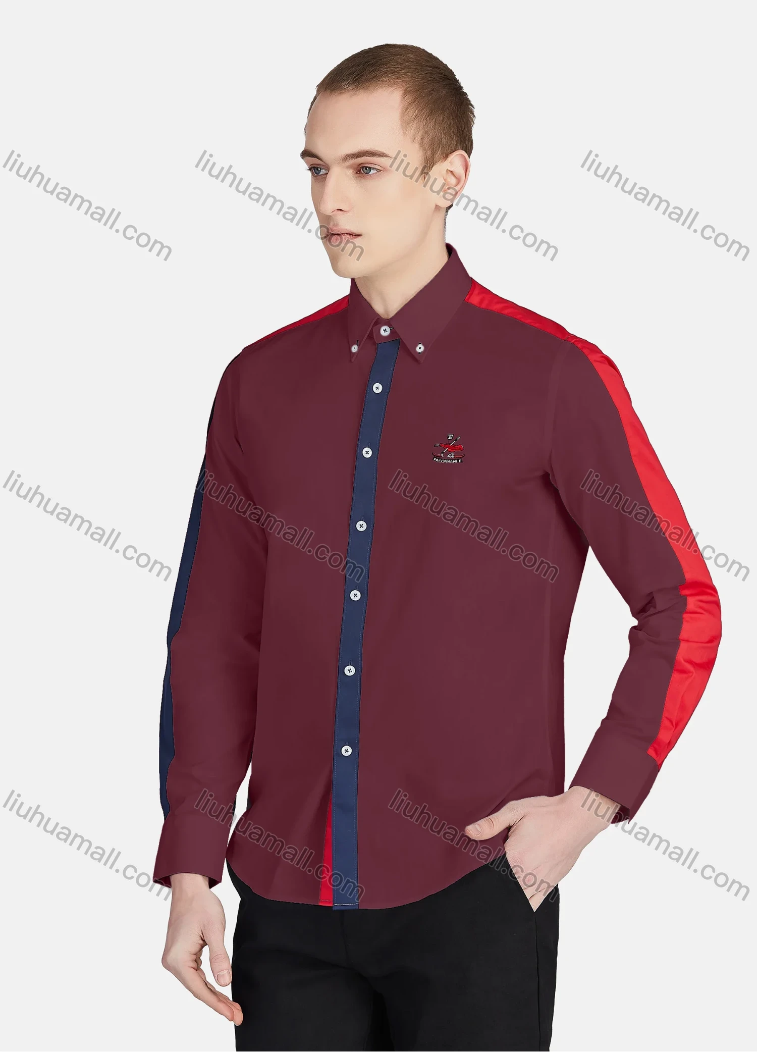 Wholesale Men's Casual Collared Long Sleeve Button Down Contrast Splicing Shirt P001-1# - Liuhuamall
