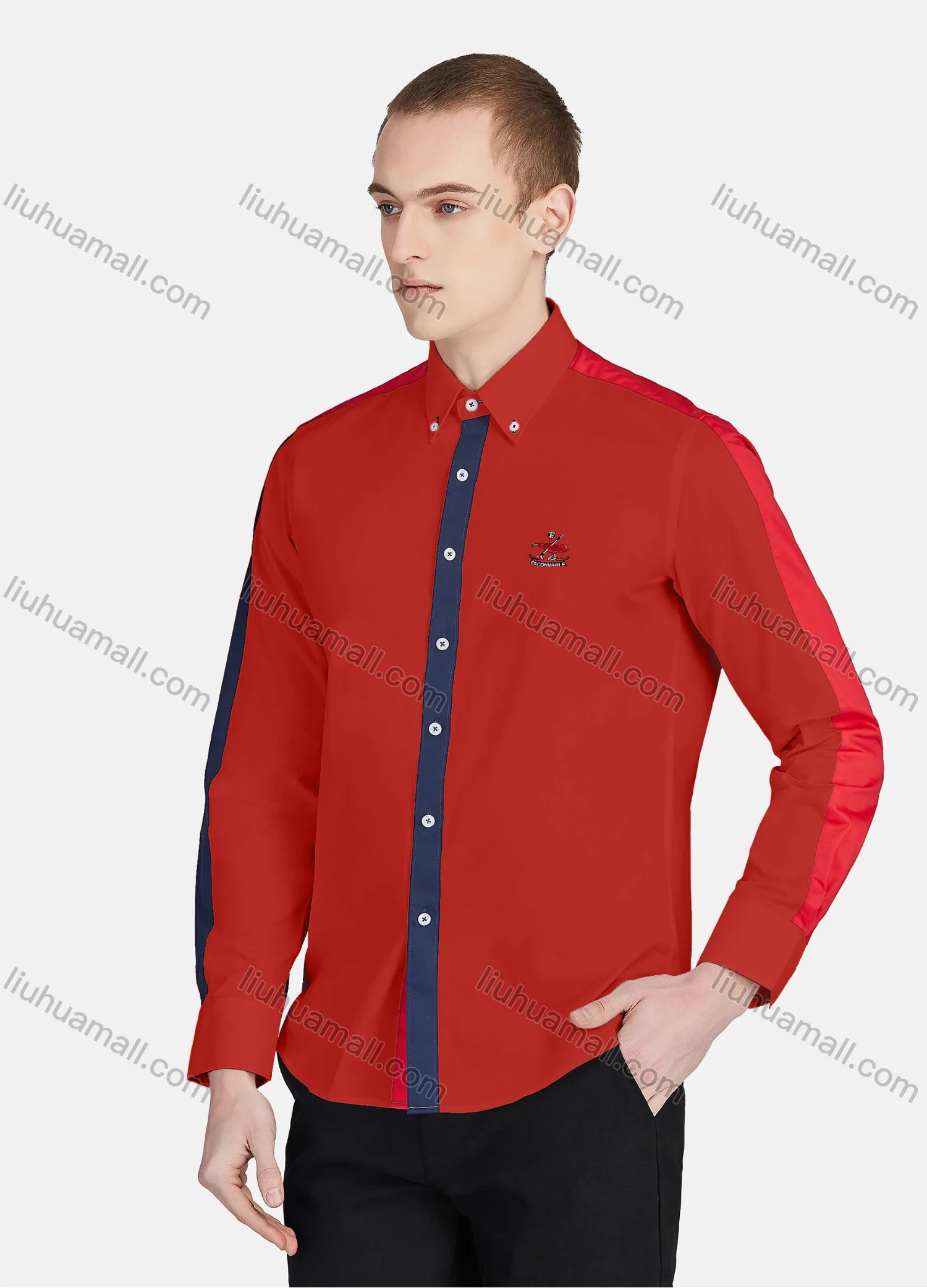Wholesale Men's Casual Collared Long Sleeve Button Down Contrast Splicing Shirt P001-1# - Liuhuamall