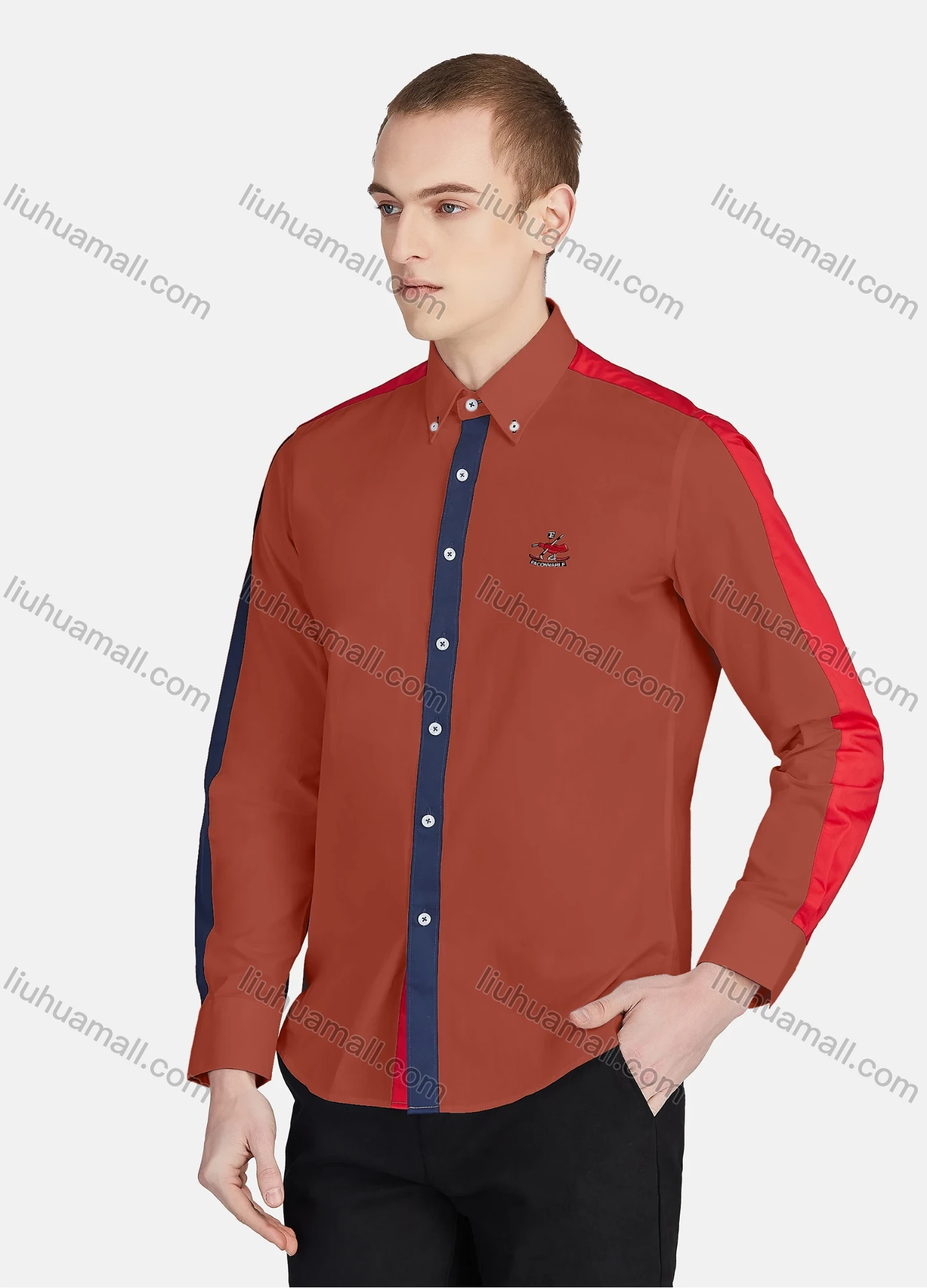 Wholesale Men's Casual Collared Long Sleeve Button Down Contrast Splicing Shirt P001-1# - Liuhuamall