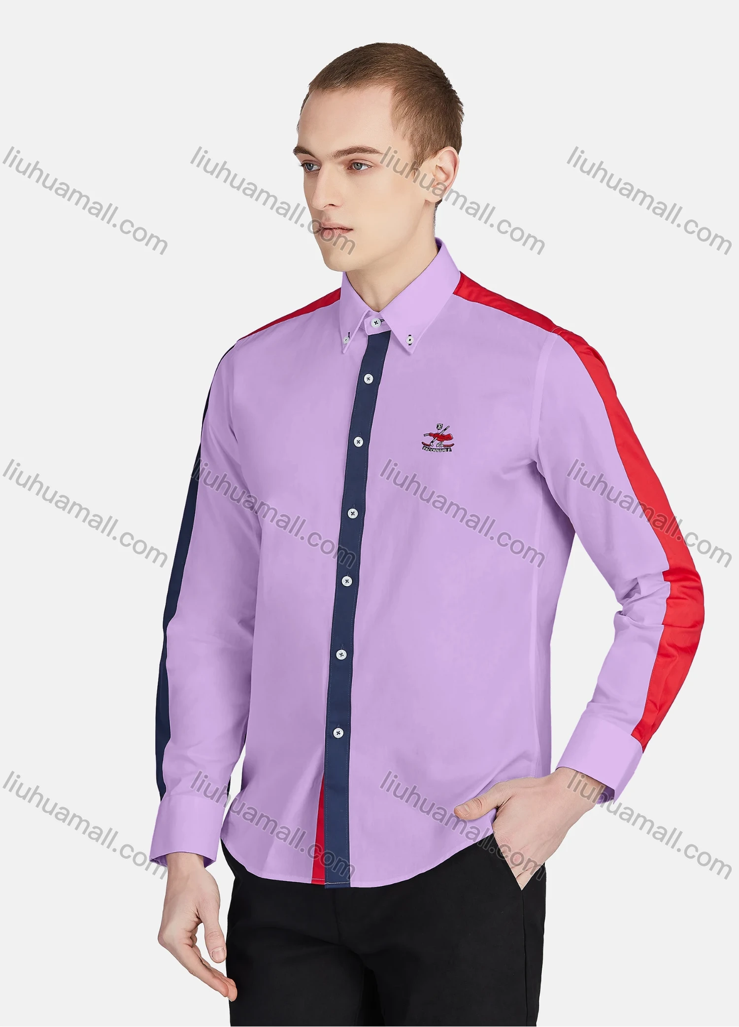 Wholesale Men's Casual Collared Long Sleeve Button Down Contrast Splicing Shirt P001-1# - Liuhuamall