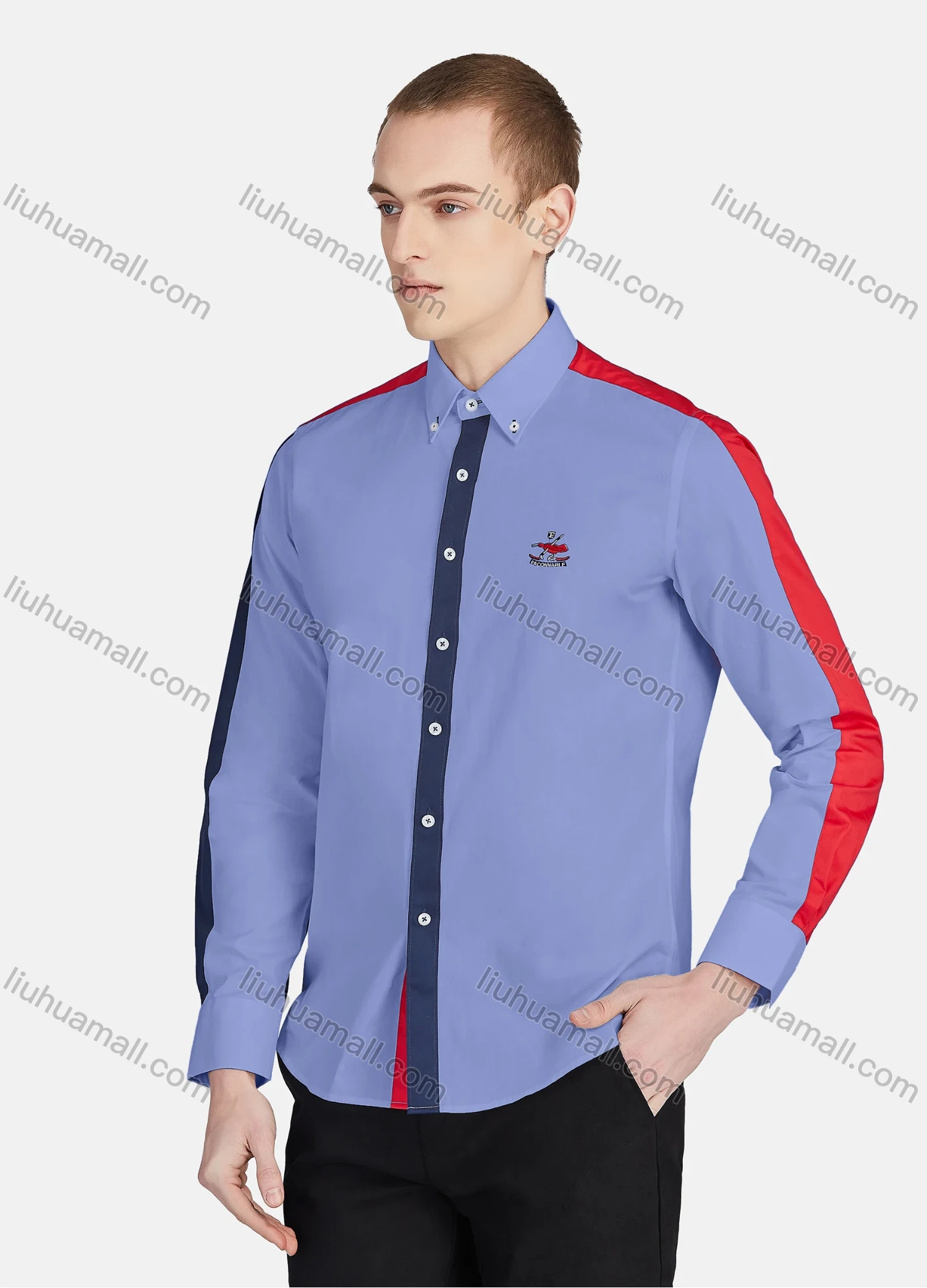 Wholesale Men's Casual Collared Long Sleeve Button Down Contrast Splicing Shirt P001-1# - Liuhuamall