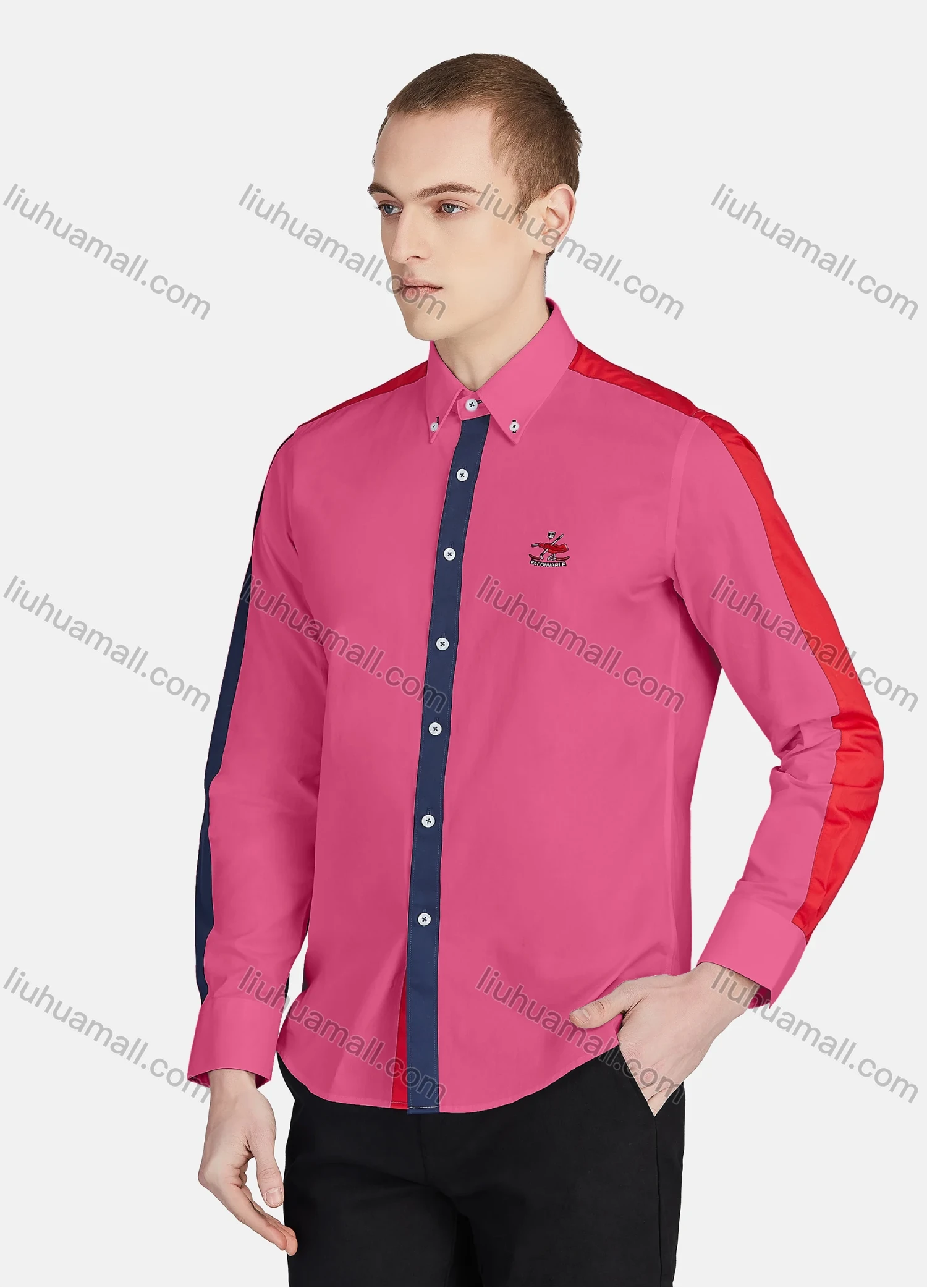 Wholesale Men's Casual Collared Long Sleeve Button Down Contrast Splicing Shirt P001-1# - Liuhuamall