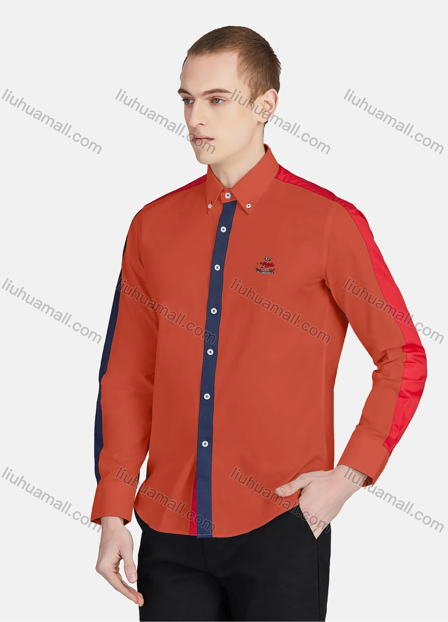 Wholesale Men's Casual Collared Long Sleeve Button Down Contrast Splicing Shirt P001-1# - Liuhuamall