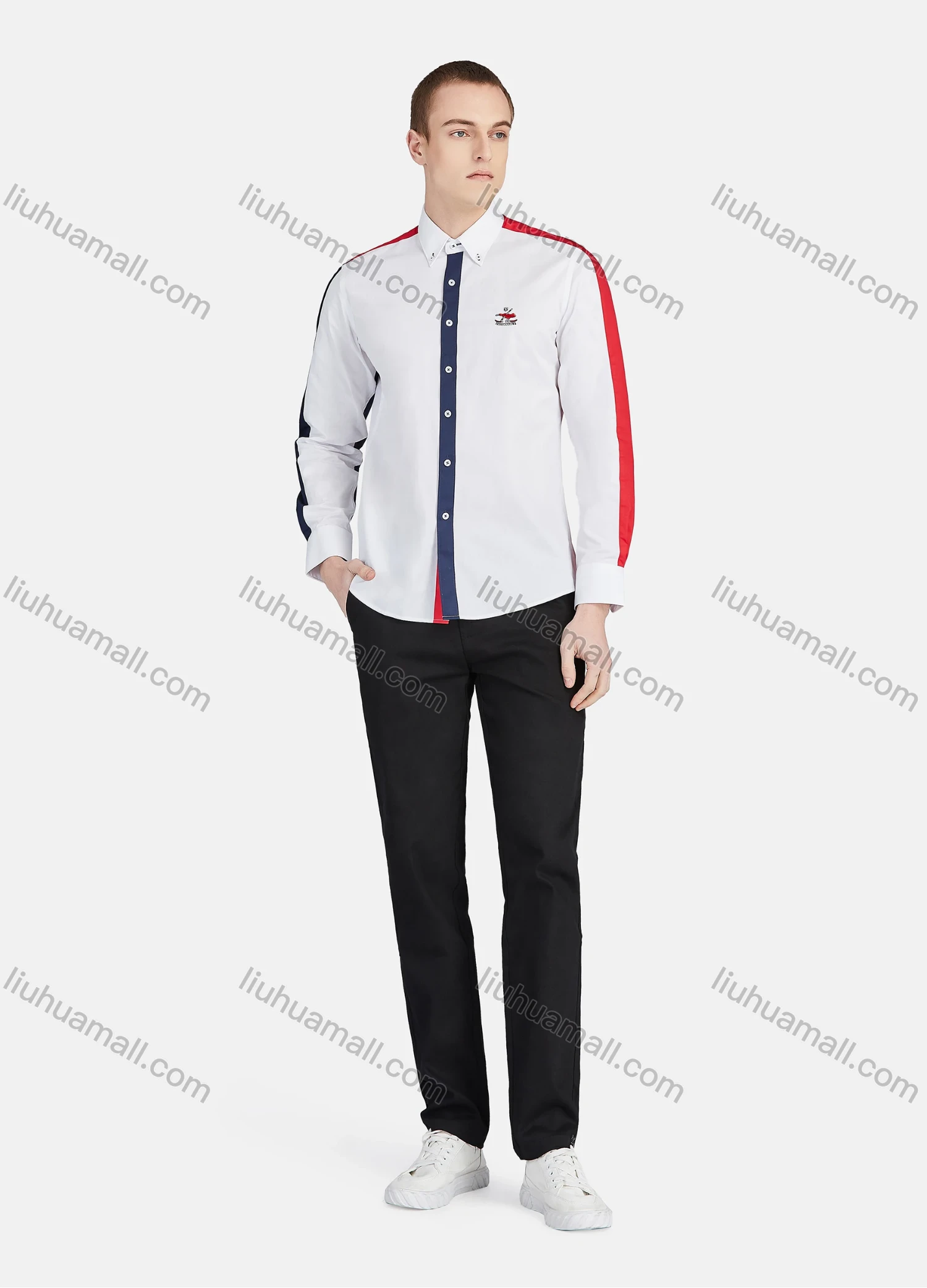 Wholesale Men's Casual Collared Long Sleeve Button Down Contrast Splicing Shirt P001-1# - Liuhuamall