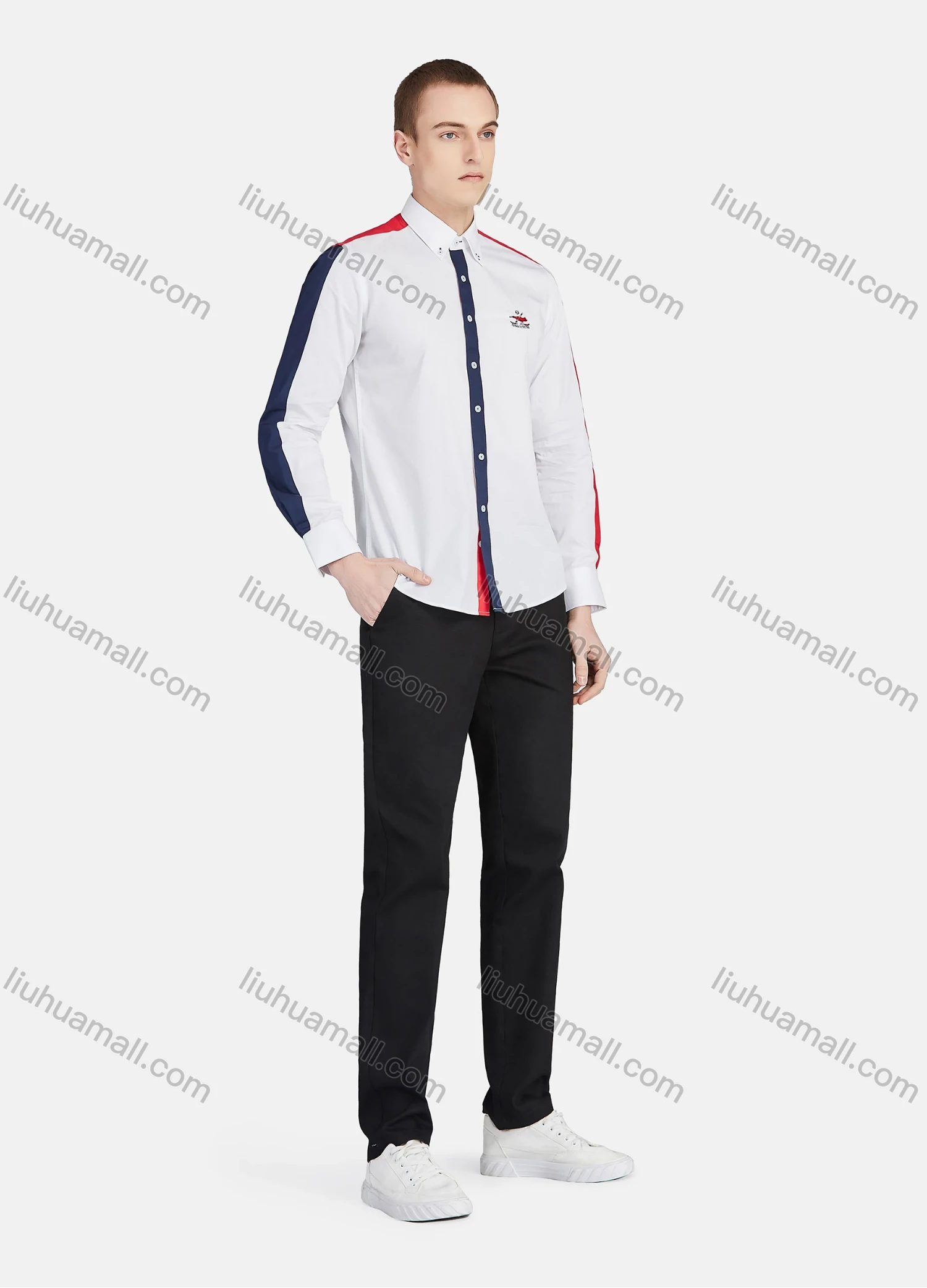 Wholesale Men's Casual Collared Long Sleeve Button Down Contrast Splicing Shirt P001-1# - Liuhuamall