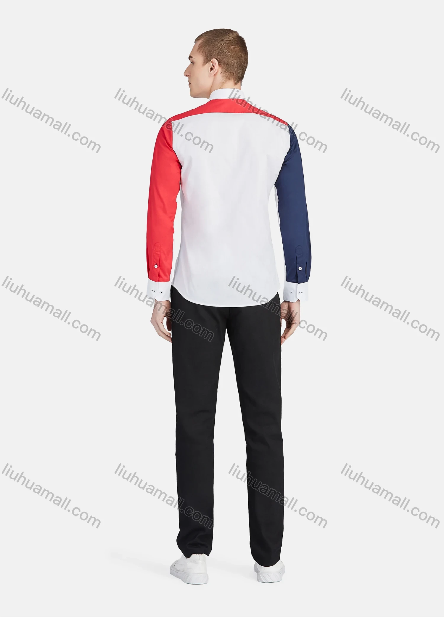 Wholesale Men's Casual Collared Long Sleeve Button Down Contrast Splicing Shirt P001-1# - Liuhuamall