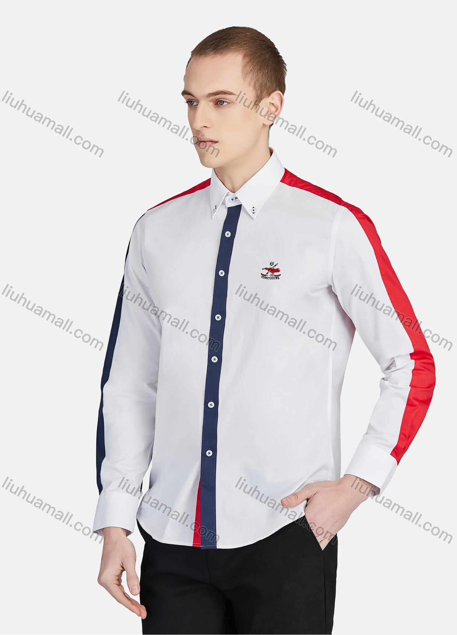 Wholesale Men's Casual Collared Long Sleeve Button Down Contrast Splicing Shirt P001-1# - Liuhuamall