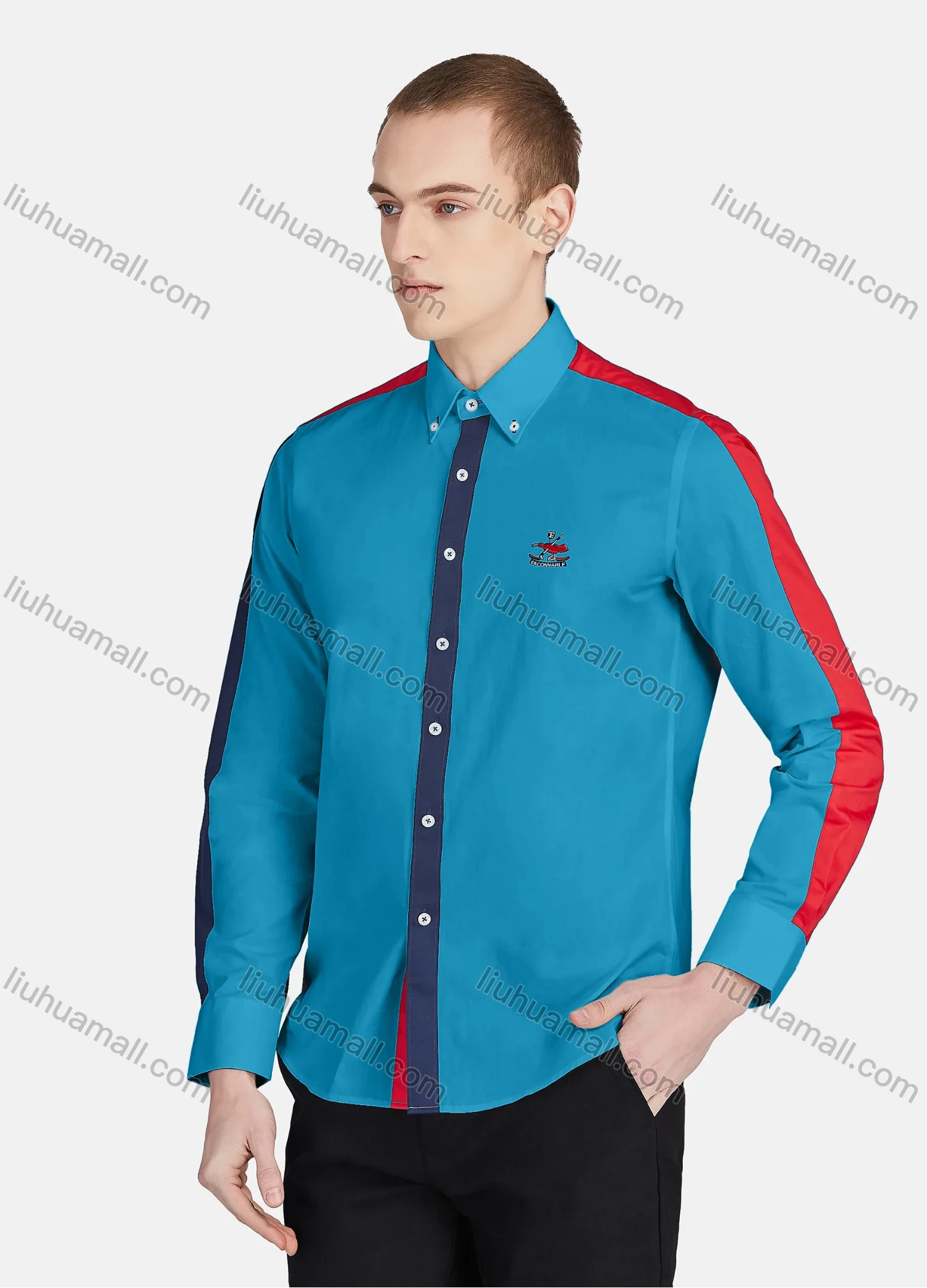 Wholesale Men's Casual Collared Long Sleeve Button Down Contrast Splicing Shirt P001-1# - Liuhuamall