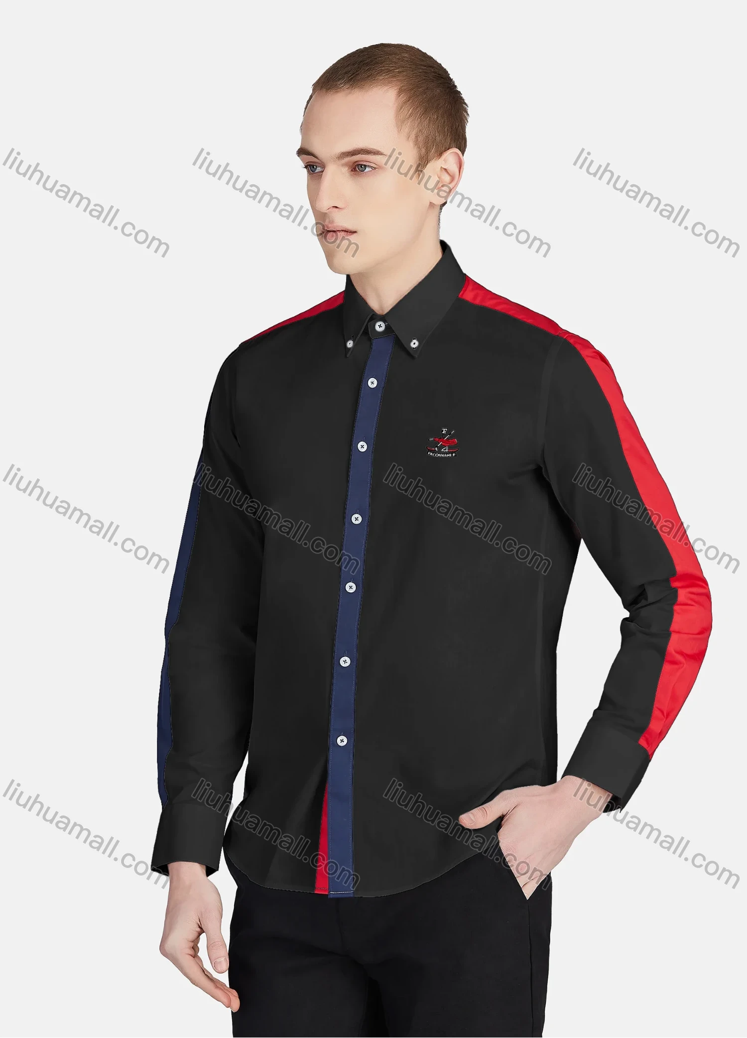 Wholesale Men's Casual Collared Long Sleeve Button Down Contrast Splicing Shirt P001-1# - Liuhuamall