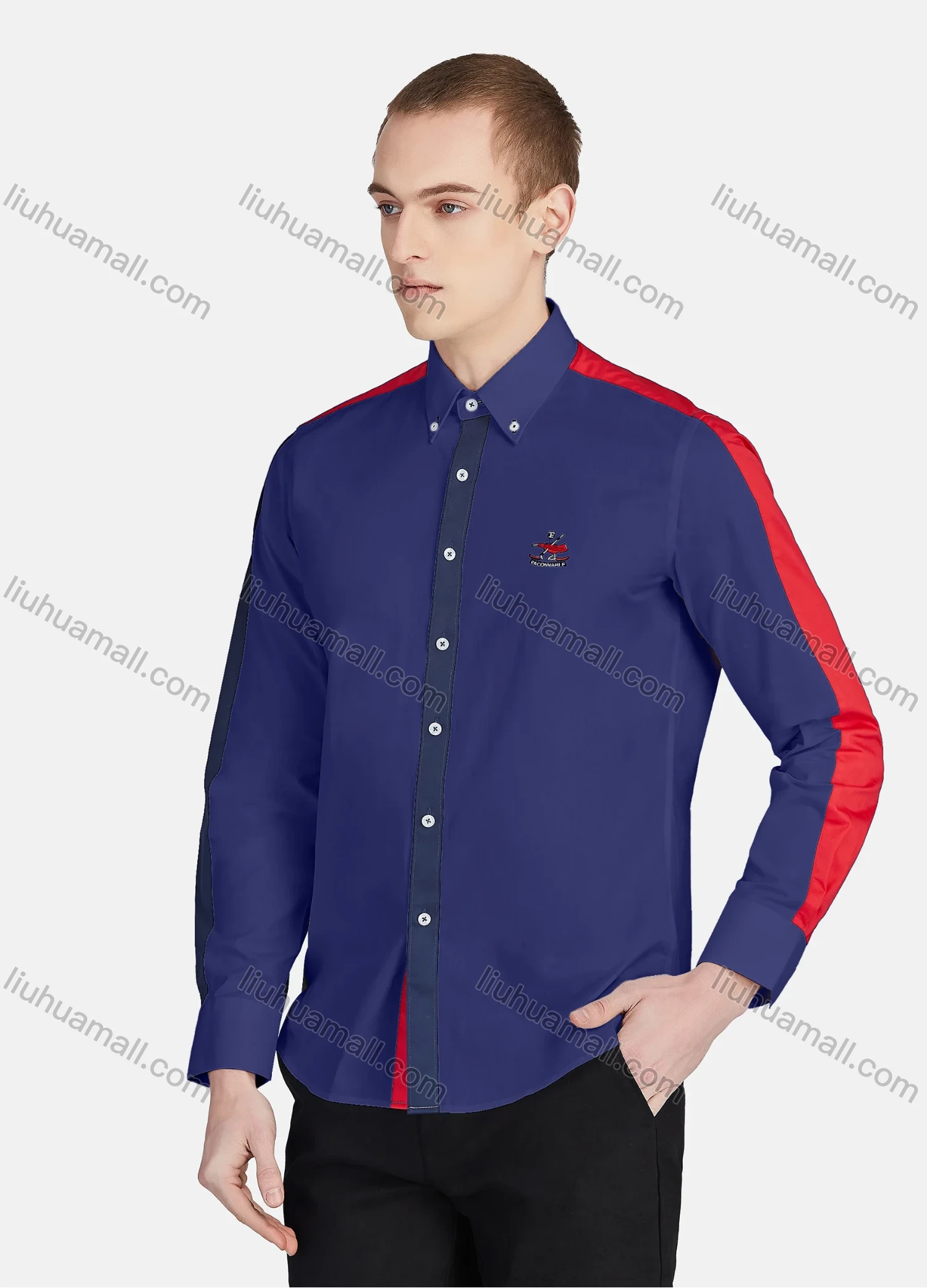 Wholesale Men's Casual Collared Long Sleeve Button Down Contrast Splicing Shirt P001-1# - Liuhuamall