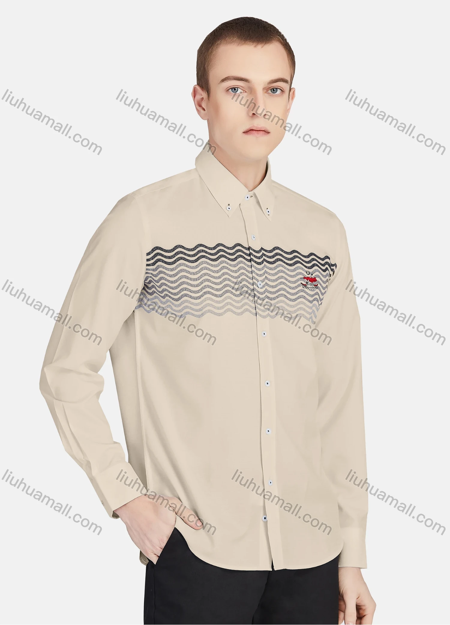 Wholesale Men's Casual Collared Long Sleeve Button Down Wave Print Shirt P001-2# - Liuhuamall