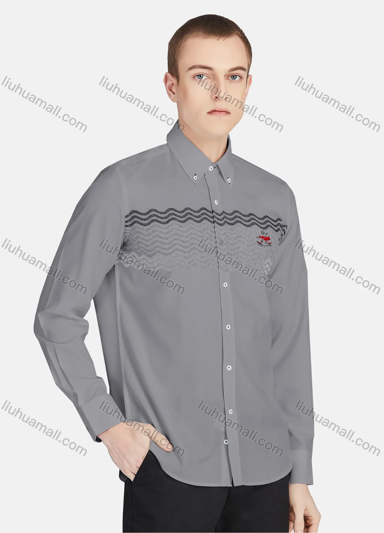 Wholesale Men's Casual Collared Long Sleeve Button Down Wave Print Shirt P001-2# - Liuhuamall