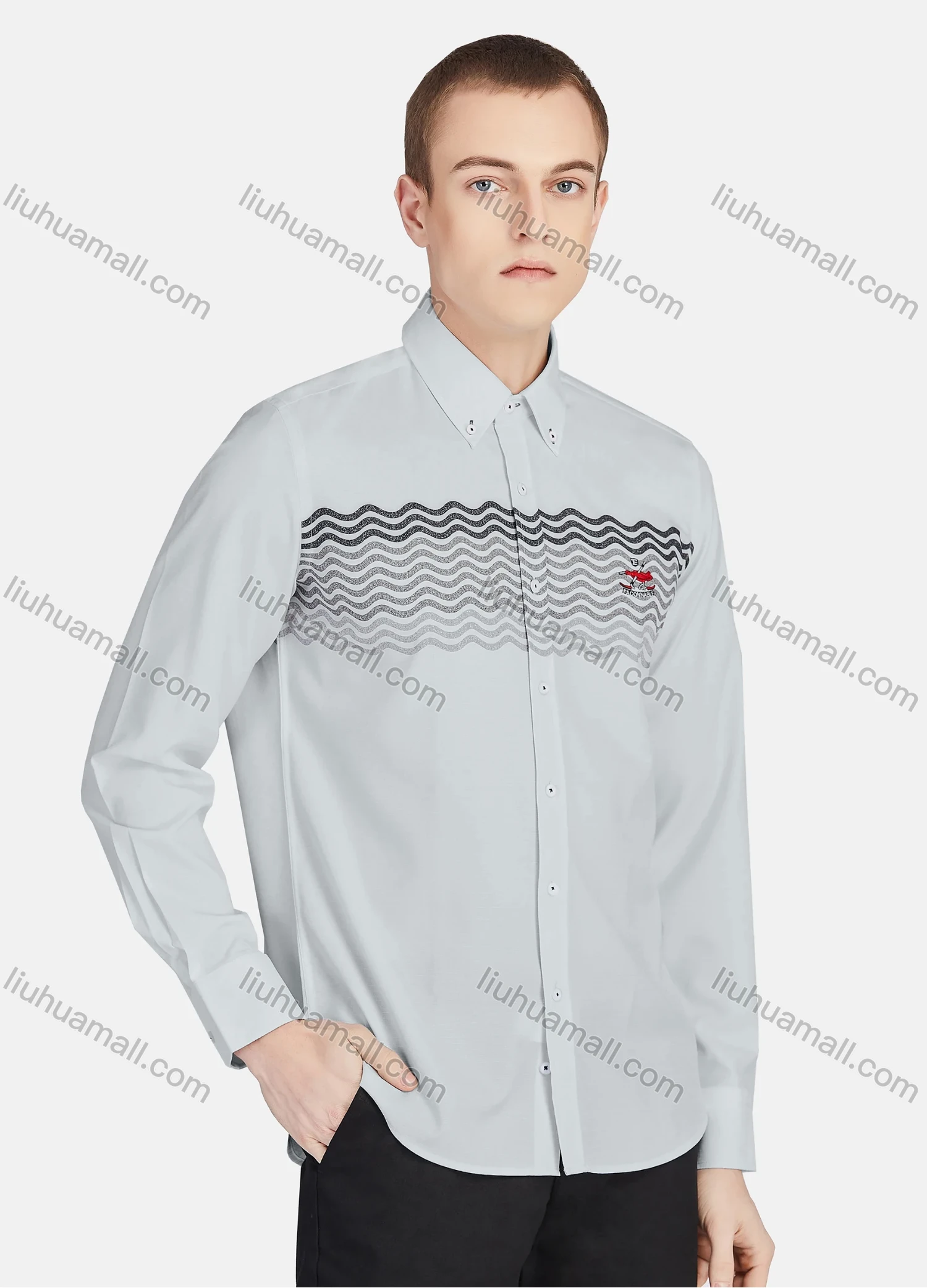 Wholesale Men's Casual Collared Long Sleeve Button Down Wave Print Shirt P001-2# - Liuhuamall