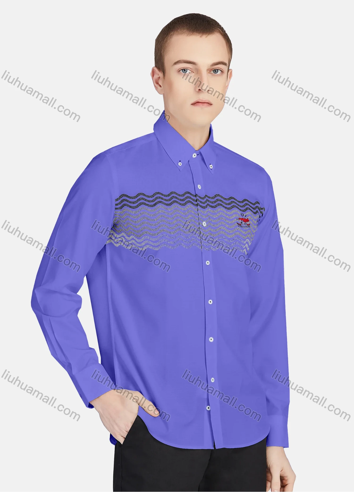 Wholesale Men's Casual Collared Long Sleeve Button Down Wave Print Shirt P001-2# - Liuhuamall
