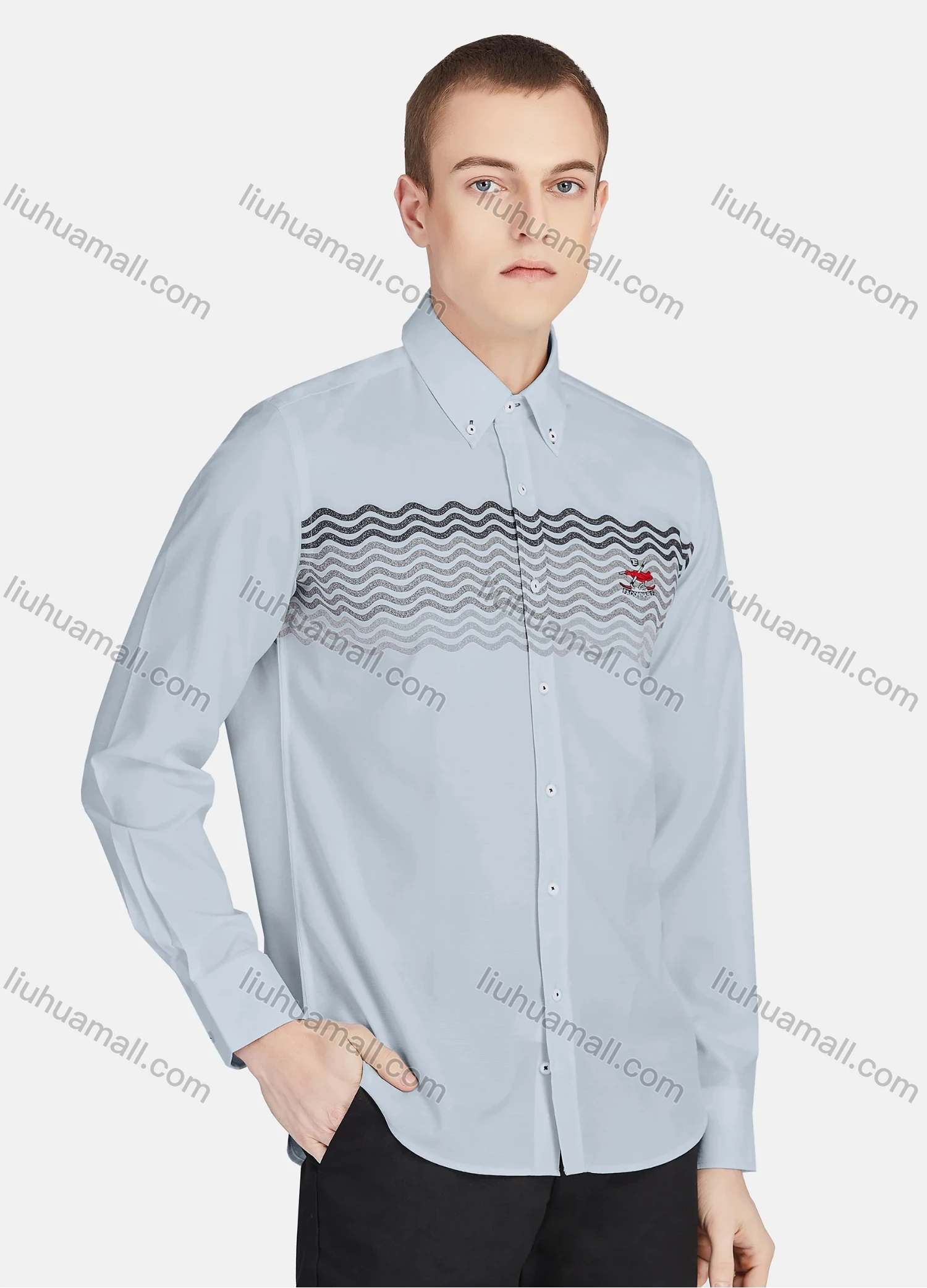 Wholesale Men's Casual Collared Long Sleeve Button Down Wave Print Shirt P001-2# - Liuhuamall