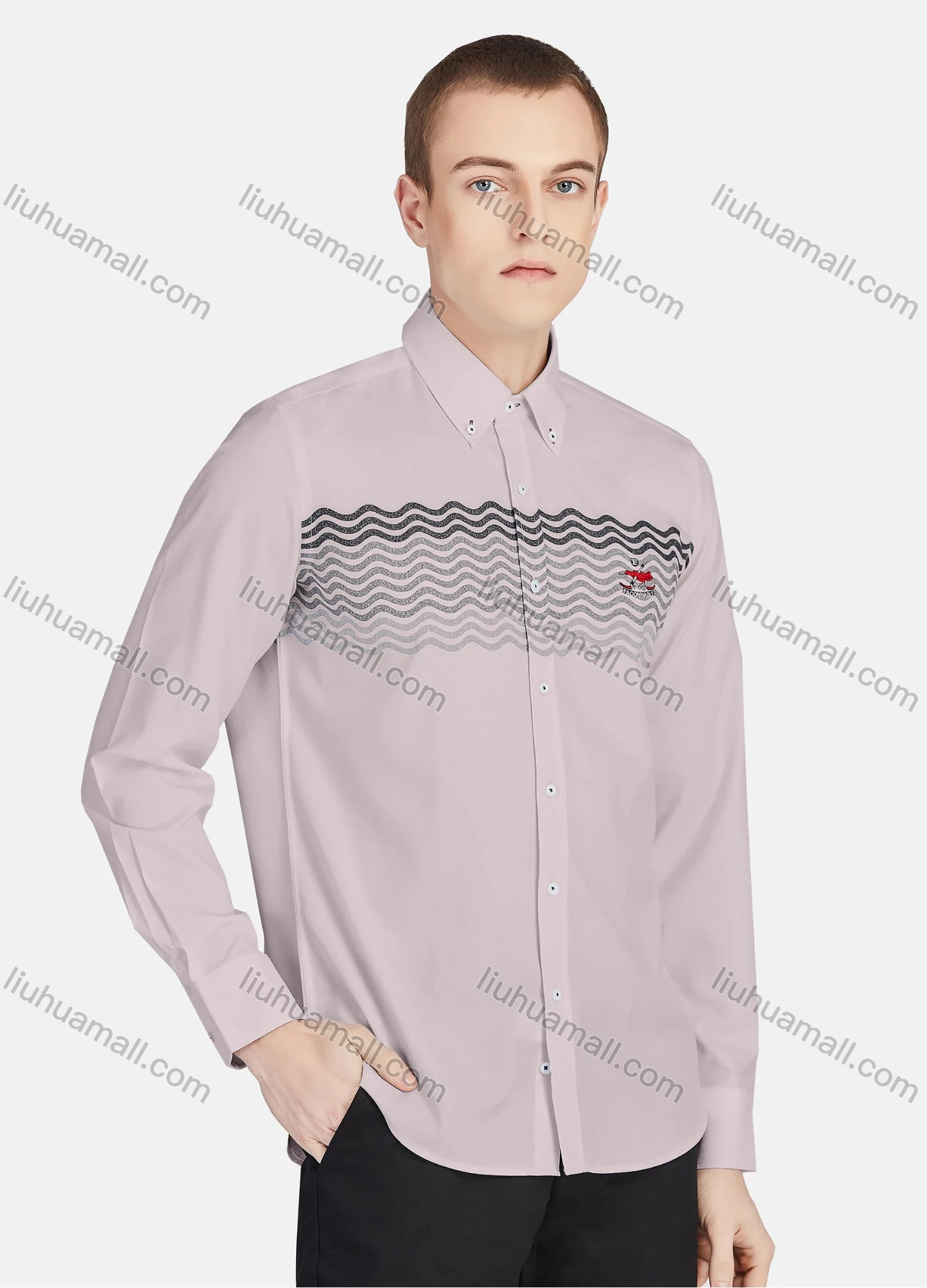 Wholesale Men's Casual Collared Long Sleeve Button Down Wave Print Shirt P001-2# - Liuhuamall