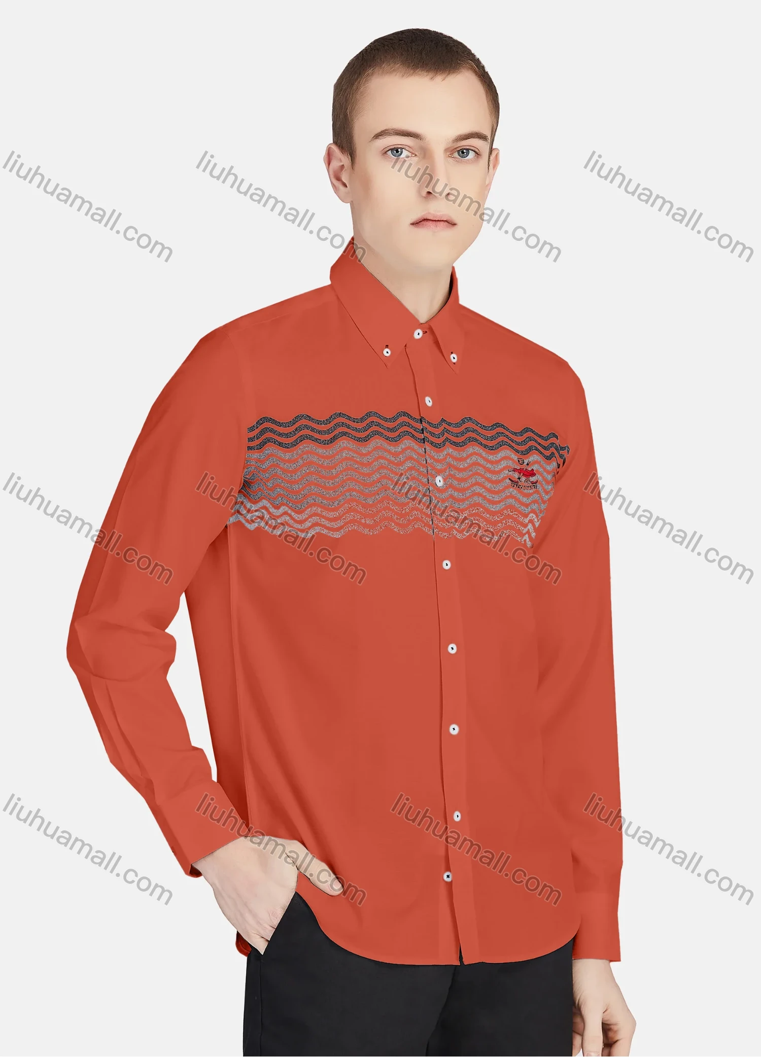 Wholesale Men's Casual Collared Long Sleeve Button Down Wave Print Shirt P001-2# - Liuhuamall