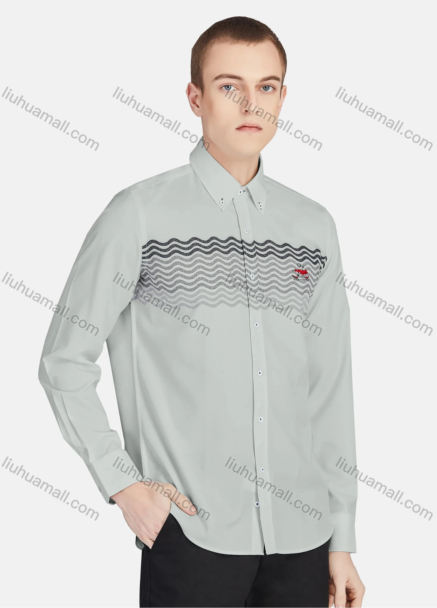 Wholesale Men's Casual Collared Long Sleeve Button Down Wave Print Shirt P001-2# - Liuhuamall