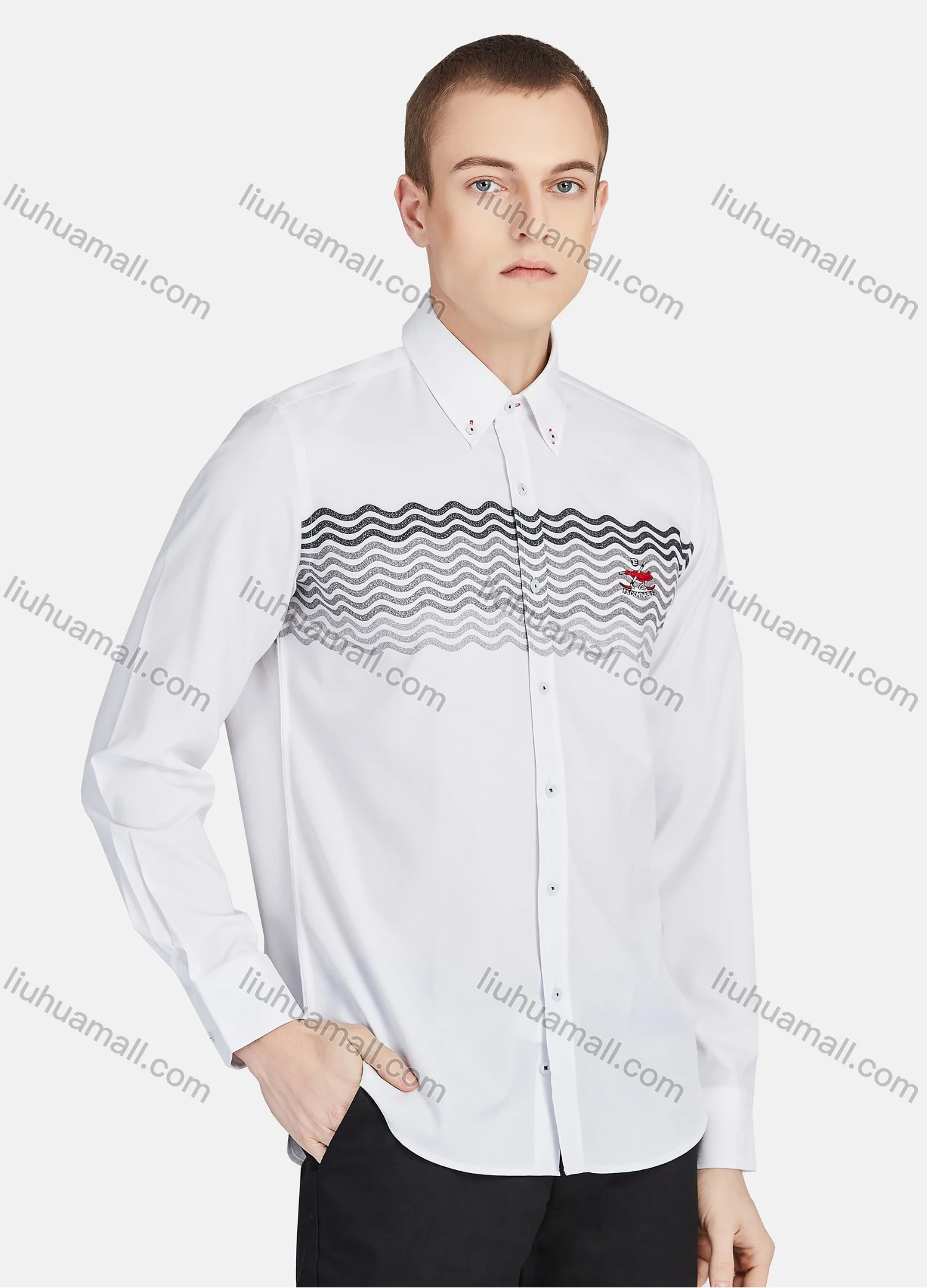 Wholesale Men's Casual Collared Long Sleeve Button Down Wave Print Shirt P001-2# - Liuhuamall