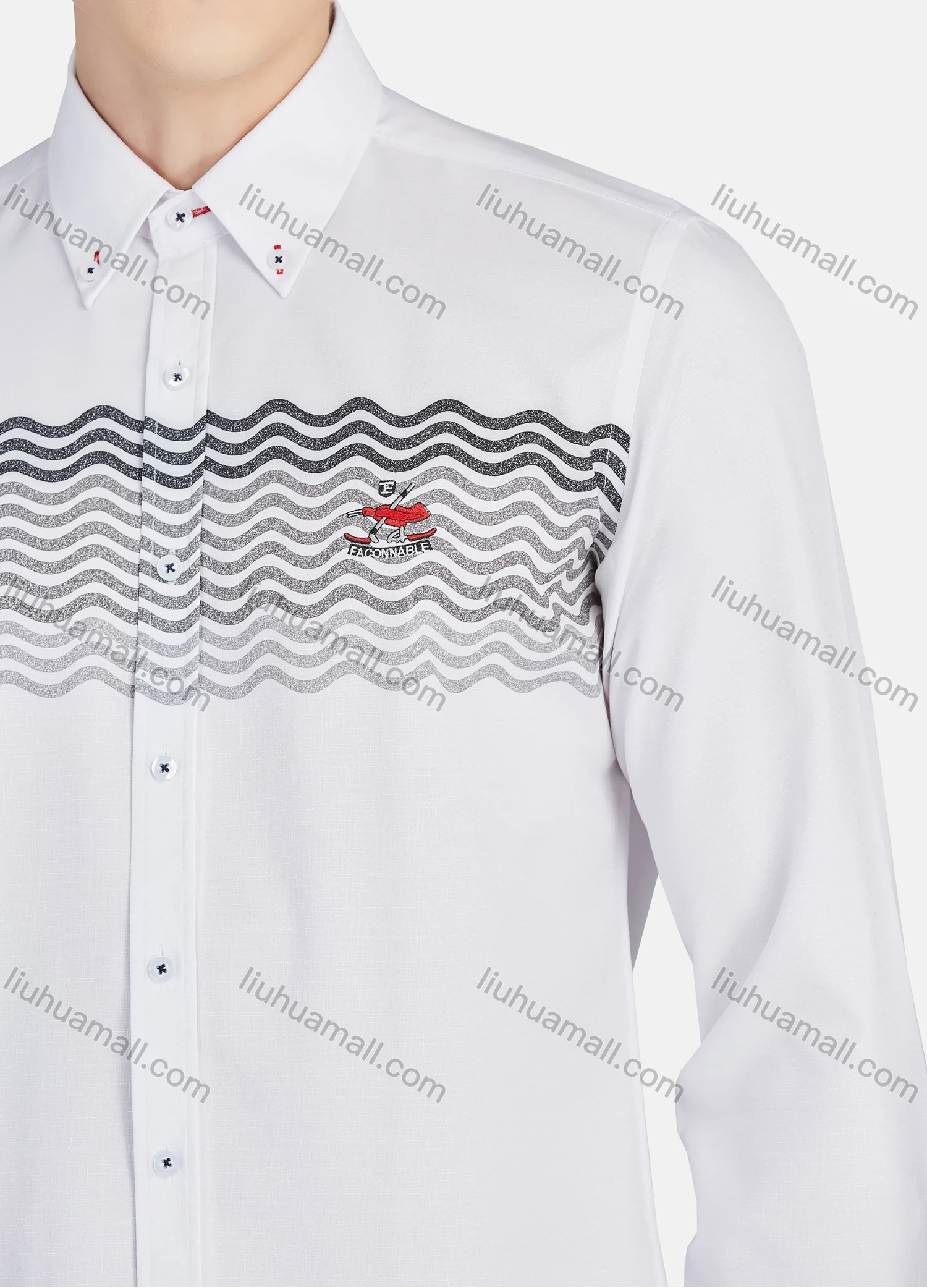 Wholesale Men's Casual Collared Long Sleeve Button Down Wave Print Shirt P001-2# - Liuhuamall