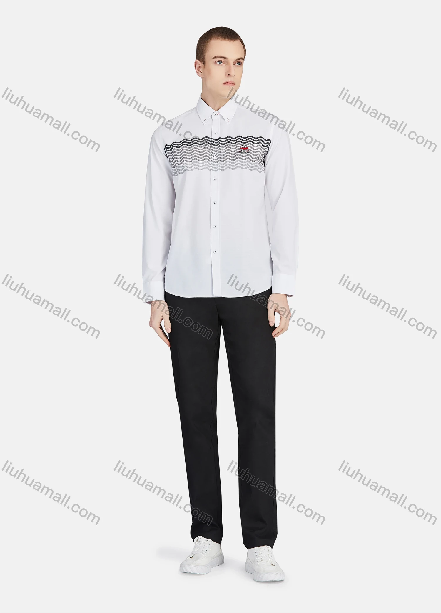 Wholesale Men's Casual Collared Long Sleeve Button Down Wave Print Shirt P001-2# - Liuhuamall