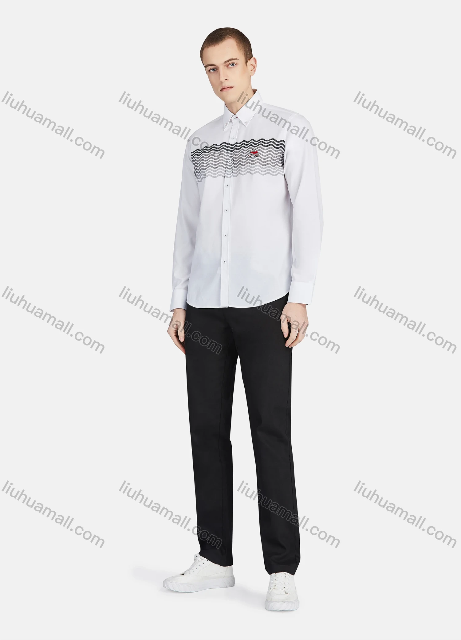 Wholesale Men's Casual Collared Long Sleeve Button Down Wave Print Shirt P001-2# - Liuhuamall