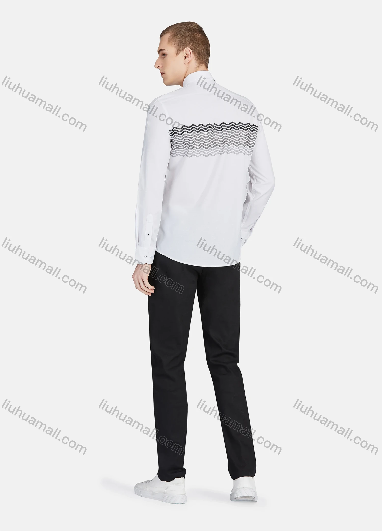 Wholesale Men's Casual Collared Long Sleeve Button Down Wave Print Shirt P001-2# - Liuhuamall