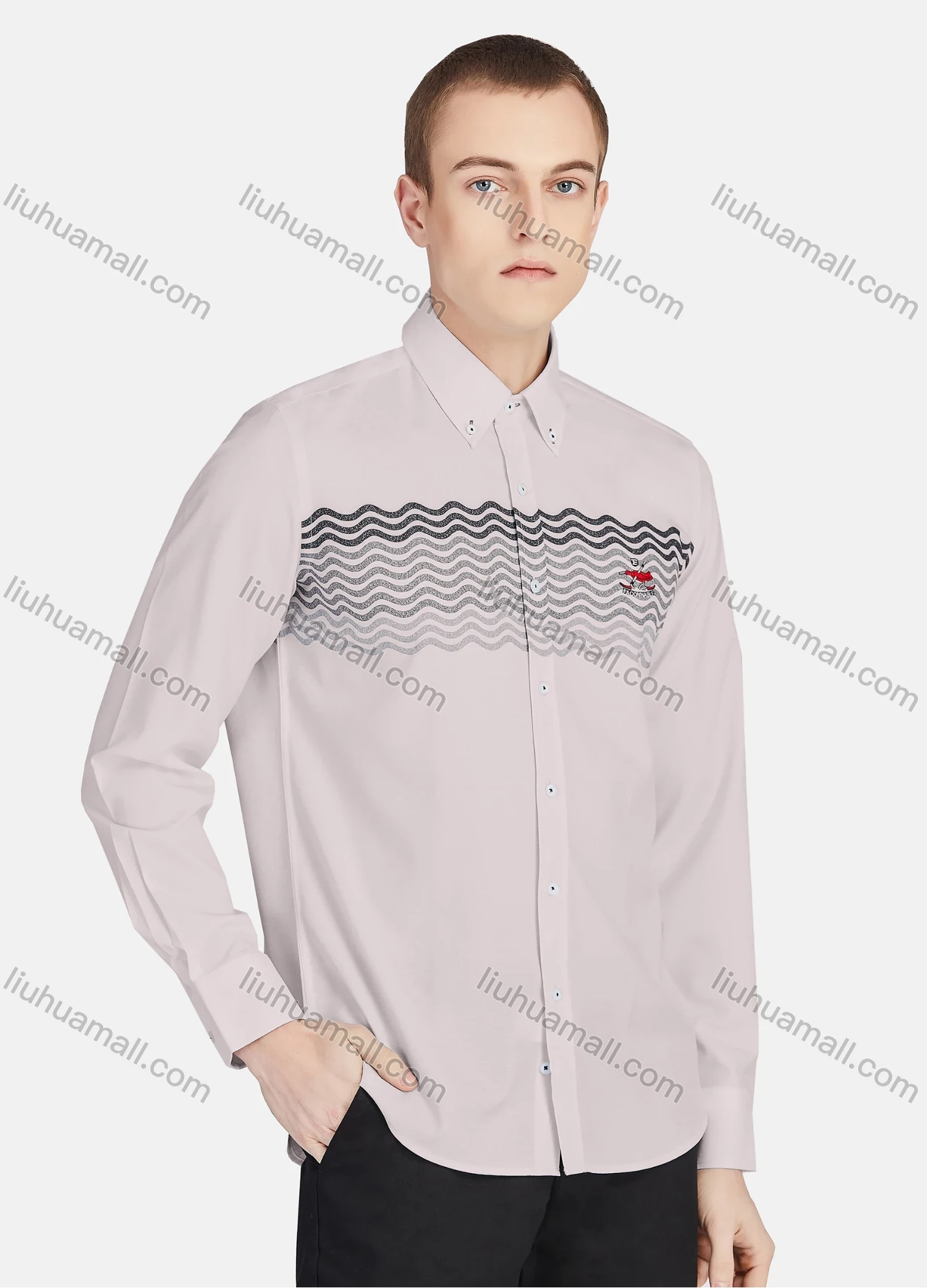 Wholesale Men's Casual Collared Long Sleeve Button Down Wave Print Shirt P001-2# - Liuhuamall