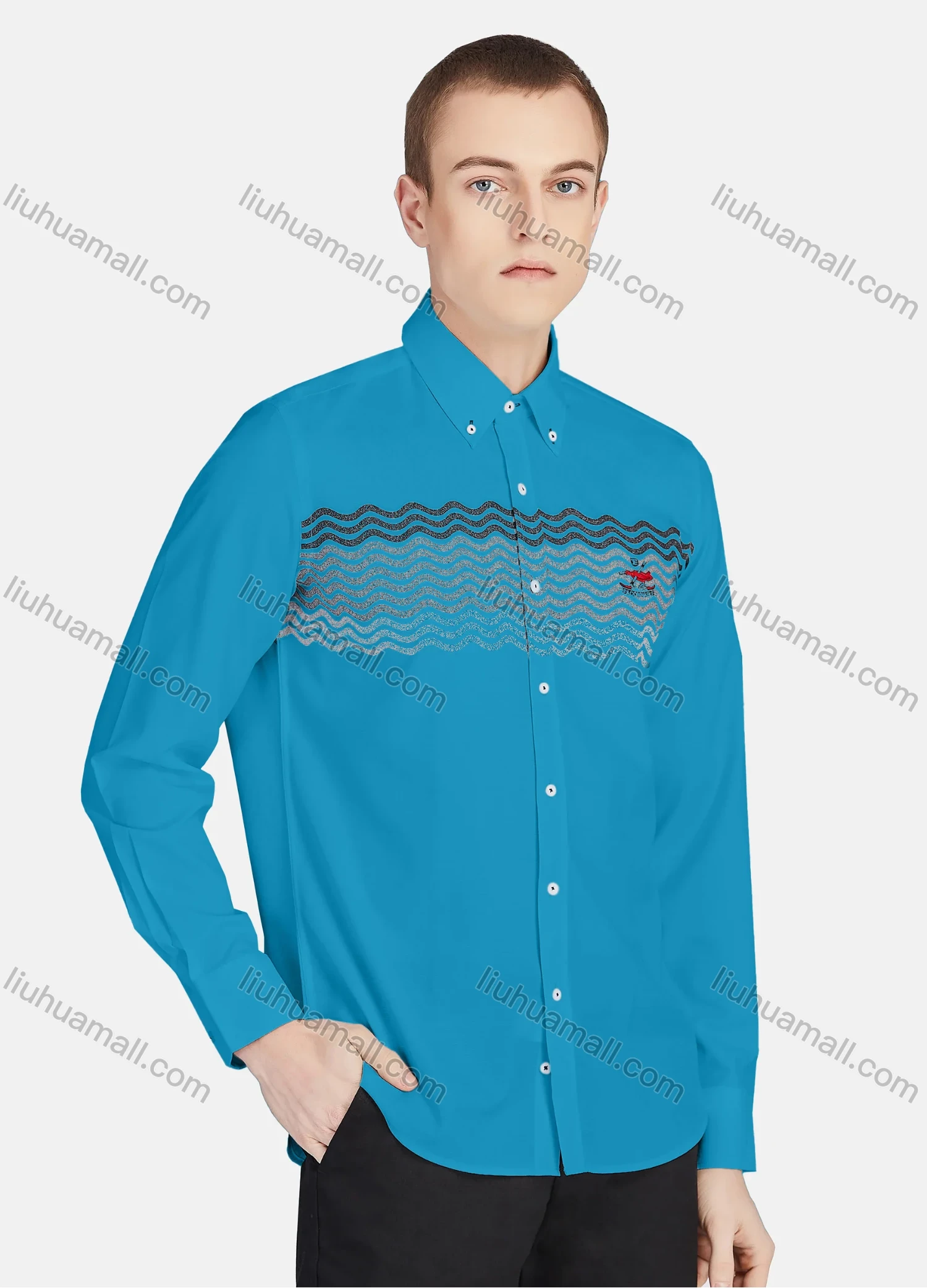 Wholesale Men's Casual Collared Long Sleeve Button Down Wave Print Shirt P001-2# - Liuhuamall