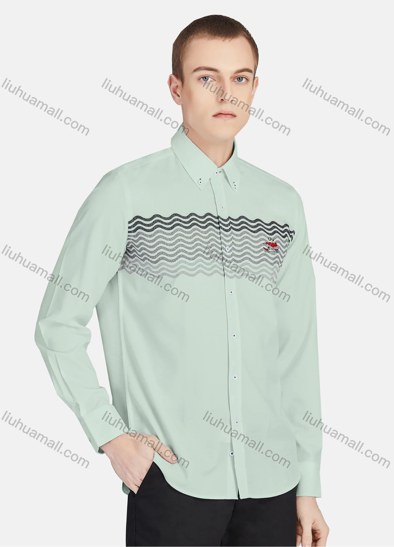 Wholesale Men's Casual Collared Long Sleeve Button Down Wave Print Shirt P001-2# - Liuhuamall