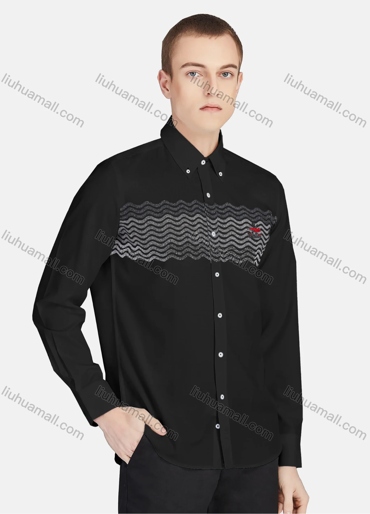 Wholesale Men's Casual Collared Long Sleeve Button Down Wave Print Shirt P001-2# - Liuhuamall