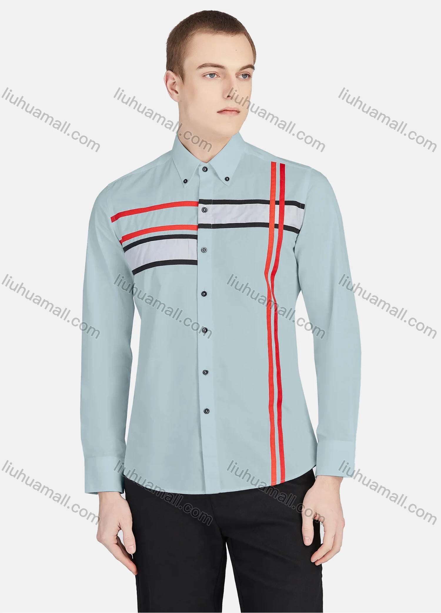 Wholesale Men's Casual Collared Long Sleeve Button Down Striped Shirt P001-3# - Liuhuamall
