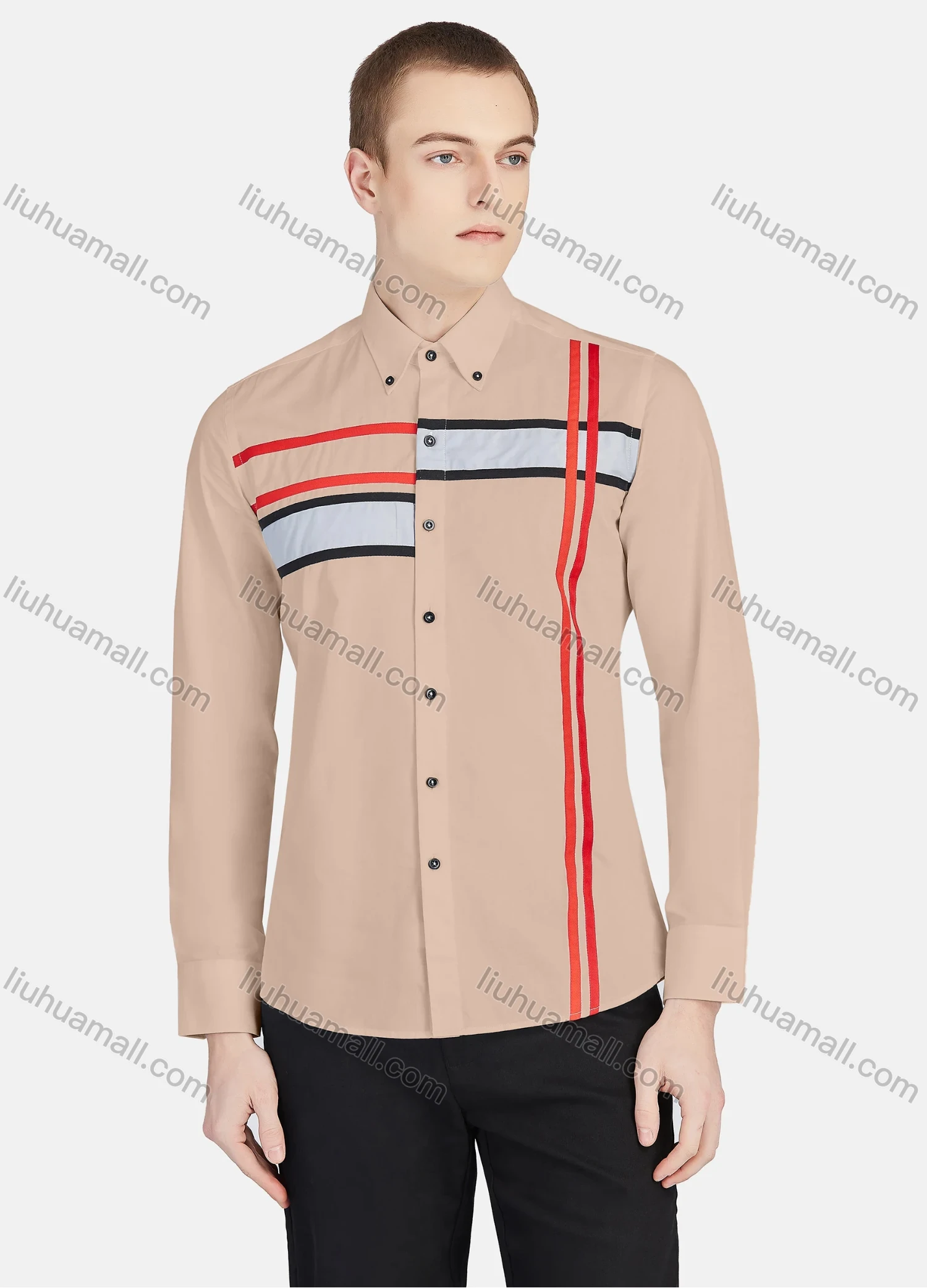Wholesale Men's Casual Collared Long Sleeve Button Down Striped Shirt P001-3# - Liuhuamall