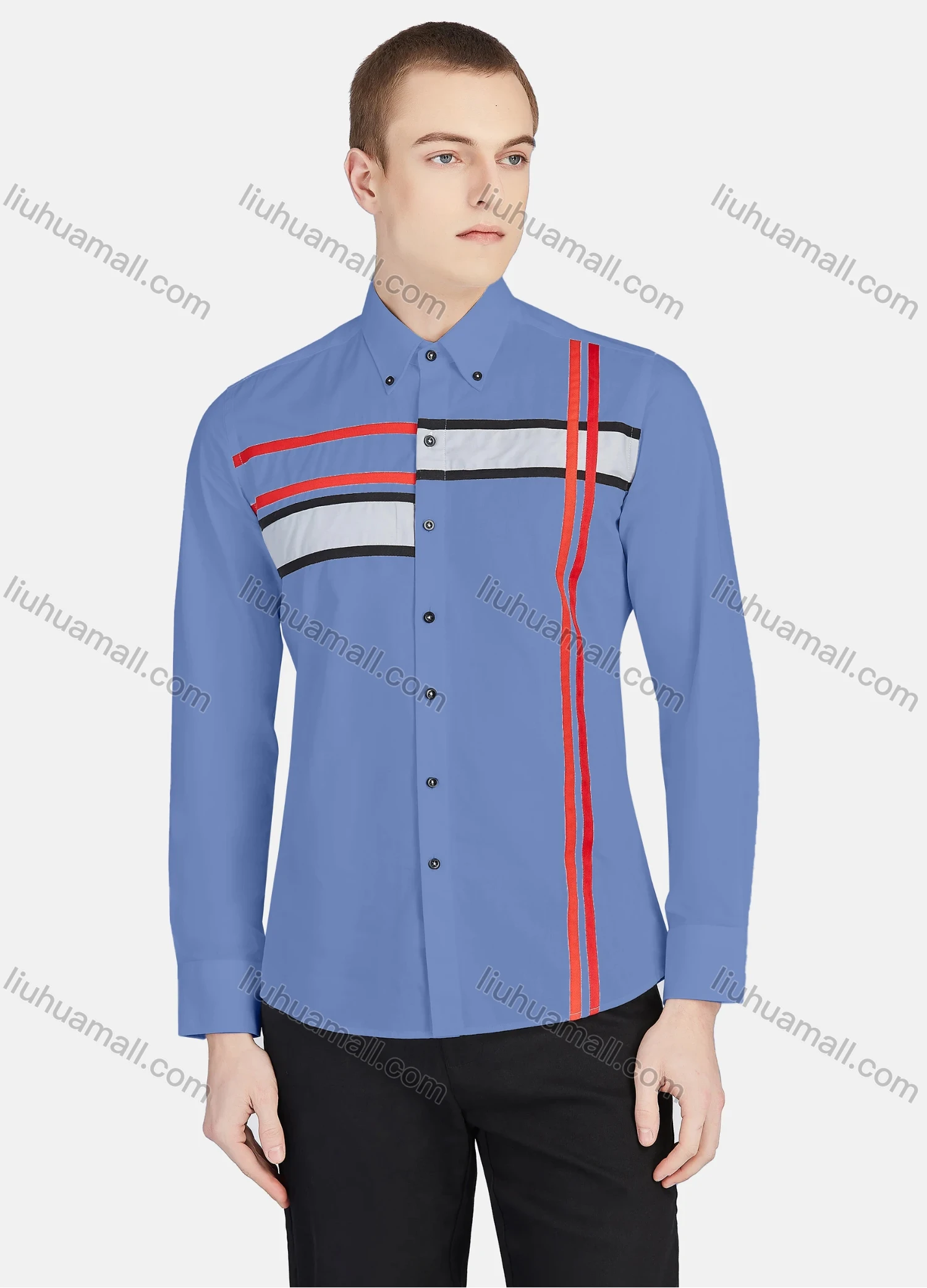 Wholesale Men's Casual Collared Long Sleeve Button Down Striped Shirt P001-3# - Liuhuamall