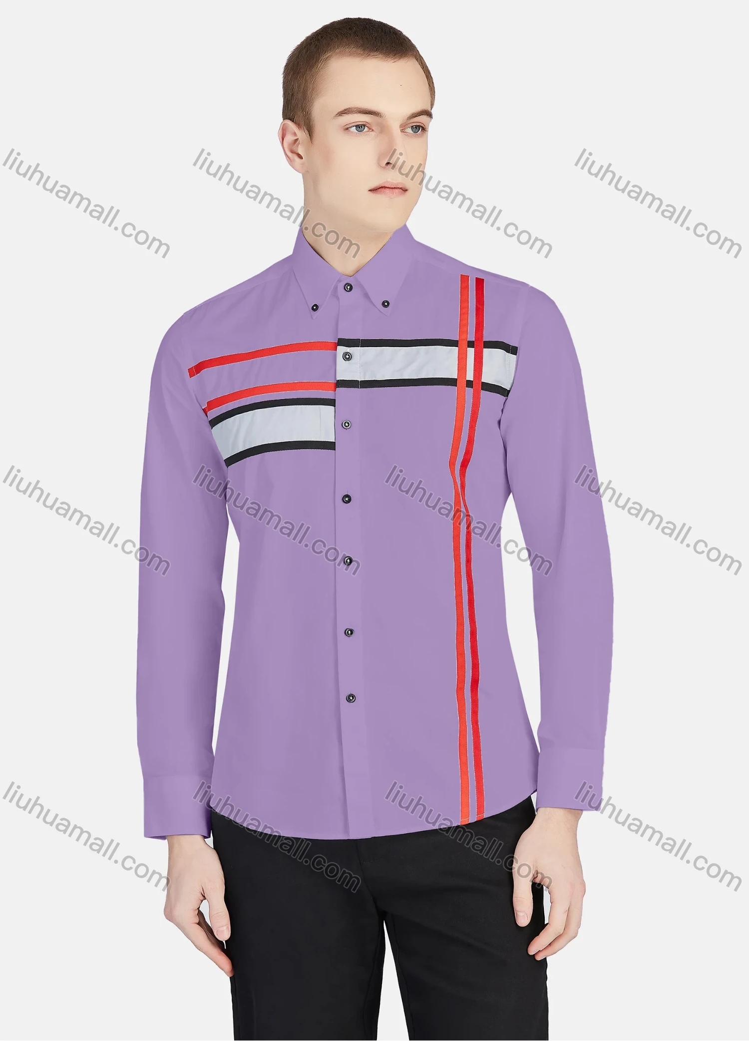 Wholesale Men's Casual Collared Long Sleeve Button Down Striped Shirt P001-3# - Liuhuamall