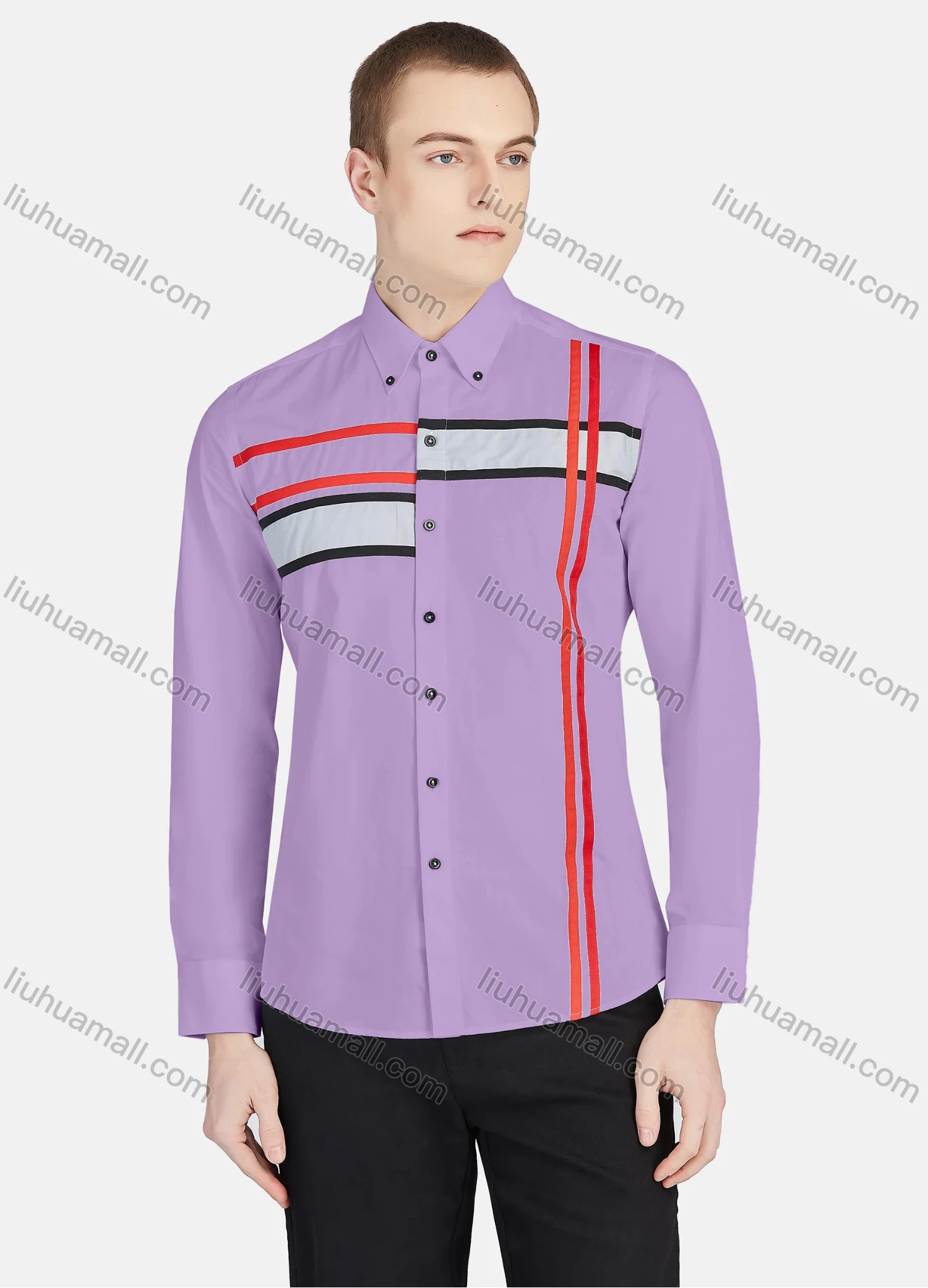 Wholesale Men's Casual Collared Long Sleeve Button Down Striped Shirt P001-3# - Liuhuamall